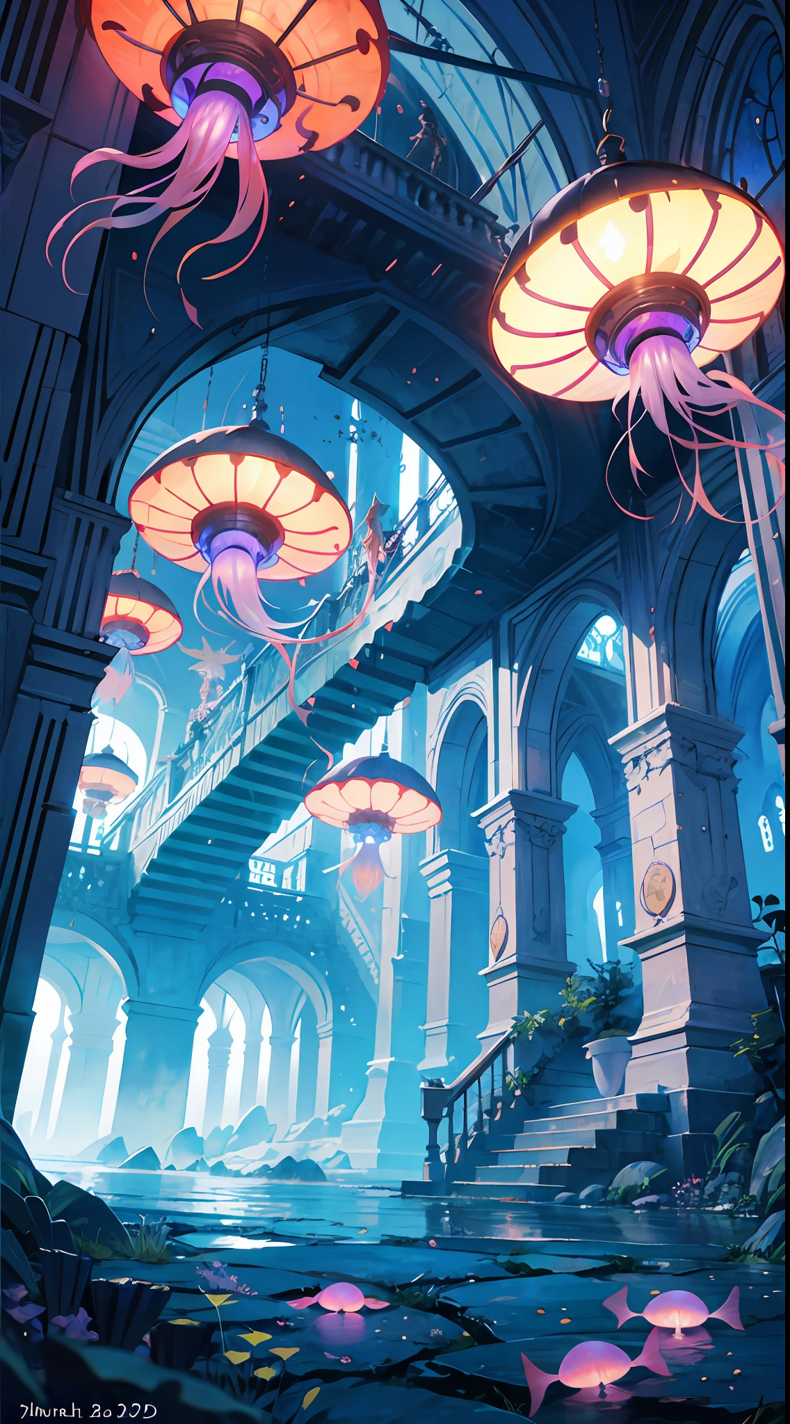 Masterpiece, High Quality, Ocean Forest, City, Fantastic Fantasy, Glowing Plants, Coral Viaduct, (Swarm of Glowing Jellyfish), (Shoal of Fish with Transparent Wings Flying in the Sky), Misty, Extreme Detail, Morning Light, Epic Composition, (Intricate Detail), (Intricate Design, Ultra Detail: 1.2), Art Station, (Masterpiece, Best Quality), Ultra HD, 32k ,castle,1girl