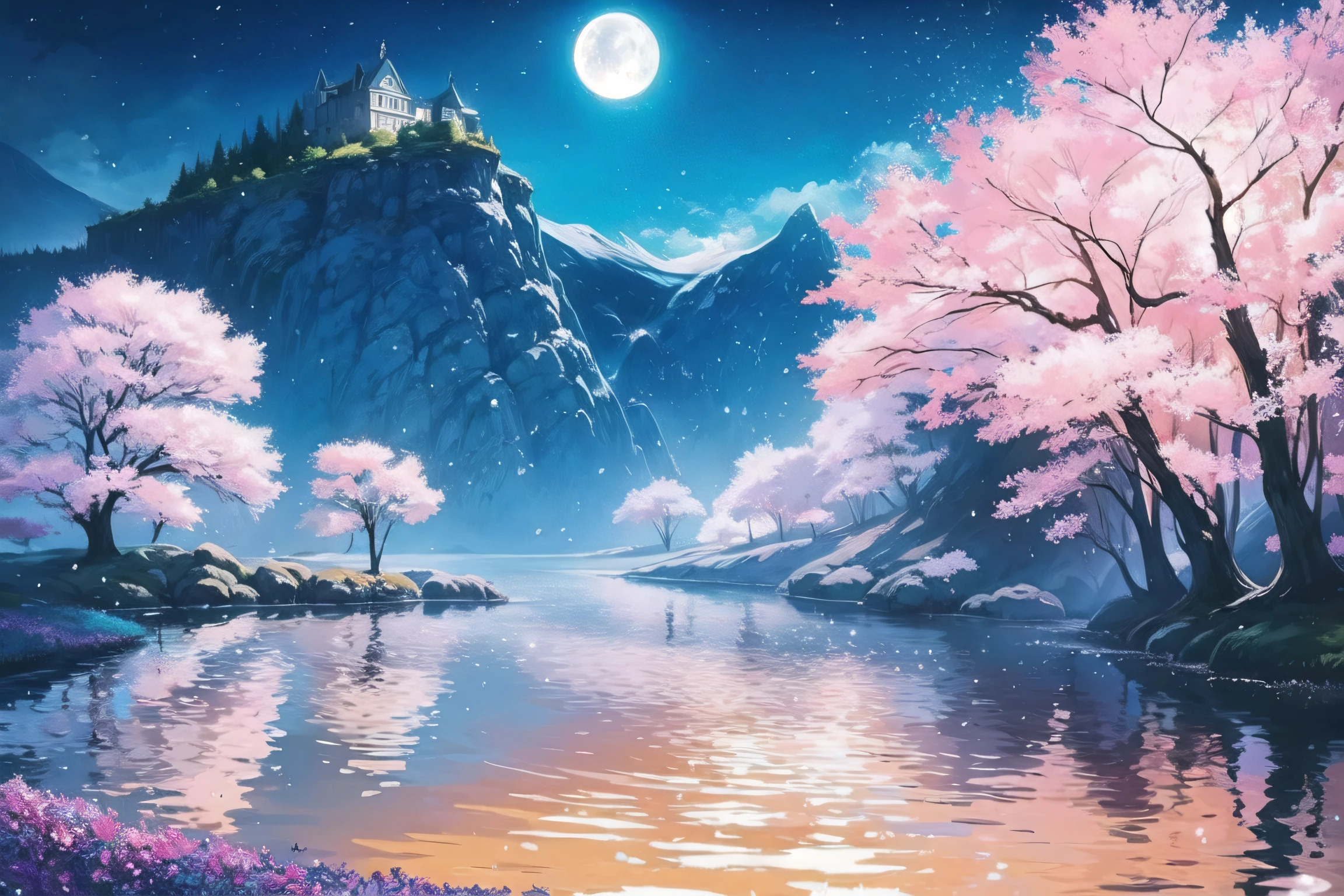 Masterpiece beautiful, volumetric lighting, (ambrosia), gust of wind, mountains stars ocean forest, (oro:1.2), floating islands, will-o'-the-wisp \(mythology\), lily \(flower\), firefly, clouds moon, fragrance, bioluminescence, luminescence, castle in the sky, cherry blossoms,  world tree, ouroboros