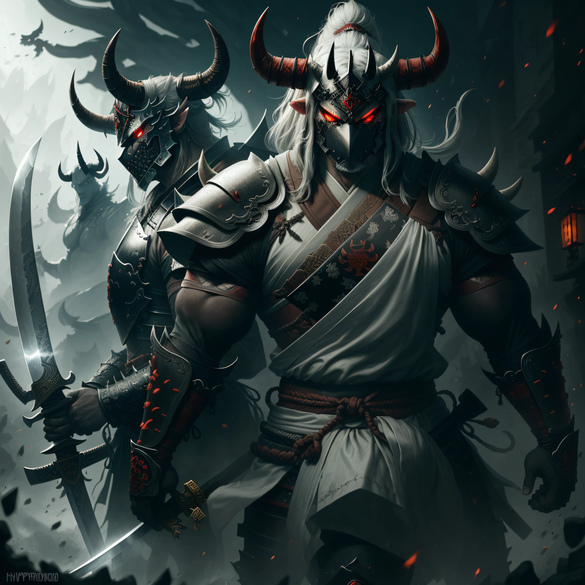 samurai demon with horns and a sword, demon samurai, demon samurai warrior, demonic dragon inspired armor, fit male demon with white horns, demon armor, black bull samurai, hyperdetailed fantasy character, samurai with demon mask, cyborg samurai, 4k, 8k