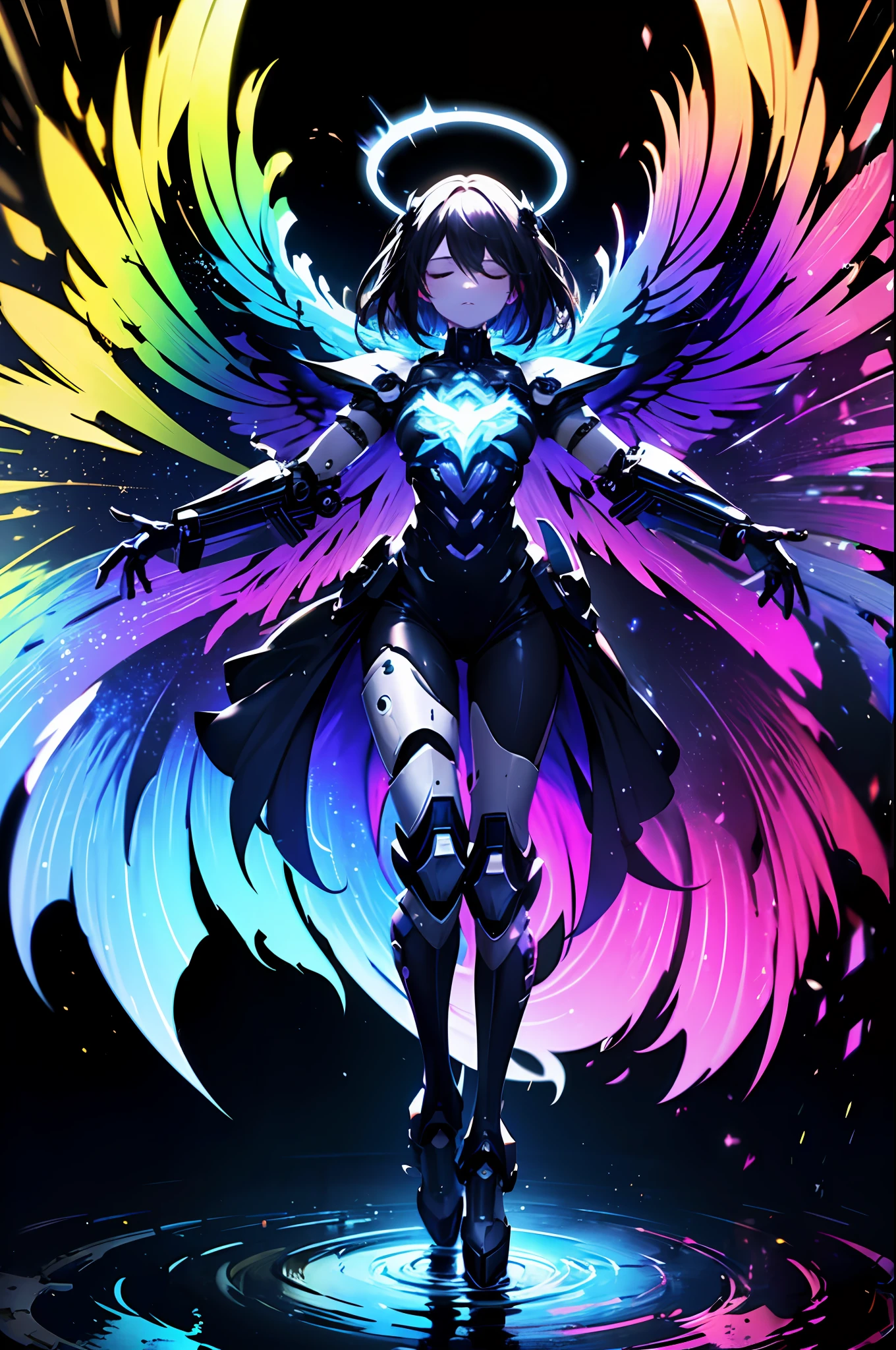 top quality, master masterpiece, absurdres, Highly detailed 8K wallpapers, BREAK, (High Contrast RGB Effects, Rainbow Color Mechanical Wings), BREAK, (High Contrast RGB Effects, LED Effects, Kaleidoscope effect, Shining Effect, Glitter RGB effect), (Ripple Effect:1.2), BREAK, Beautiful Mechanical Girl, (Perfect five fingers), (Close your eyes:1.1), BREAK, (mechanical joint, Mechanical limbs and fingers, Exoskeleton spine and coccyx:1.2), (Mechanical halo), full body, Fantastic starry sky, (symmetry), outstretched_arms,