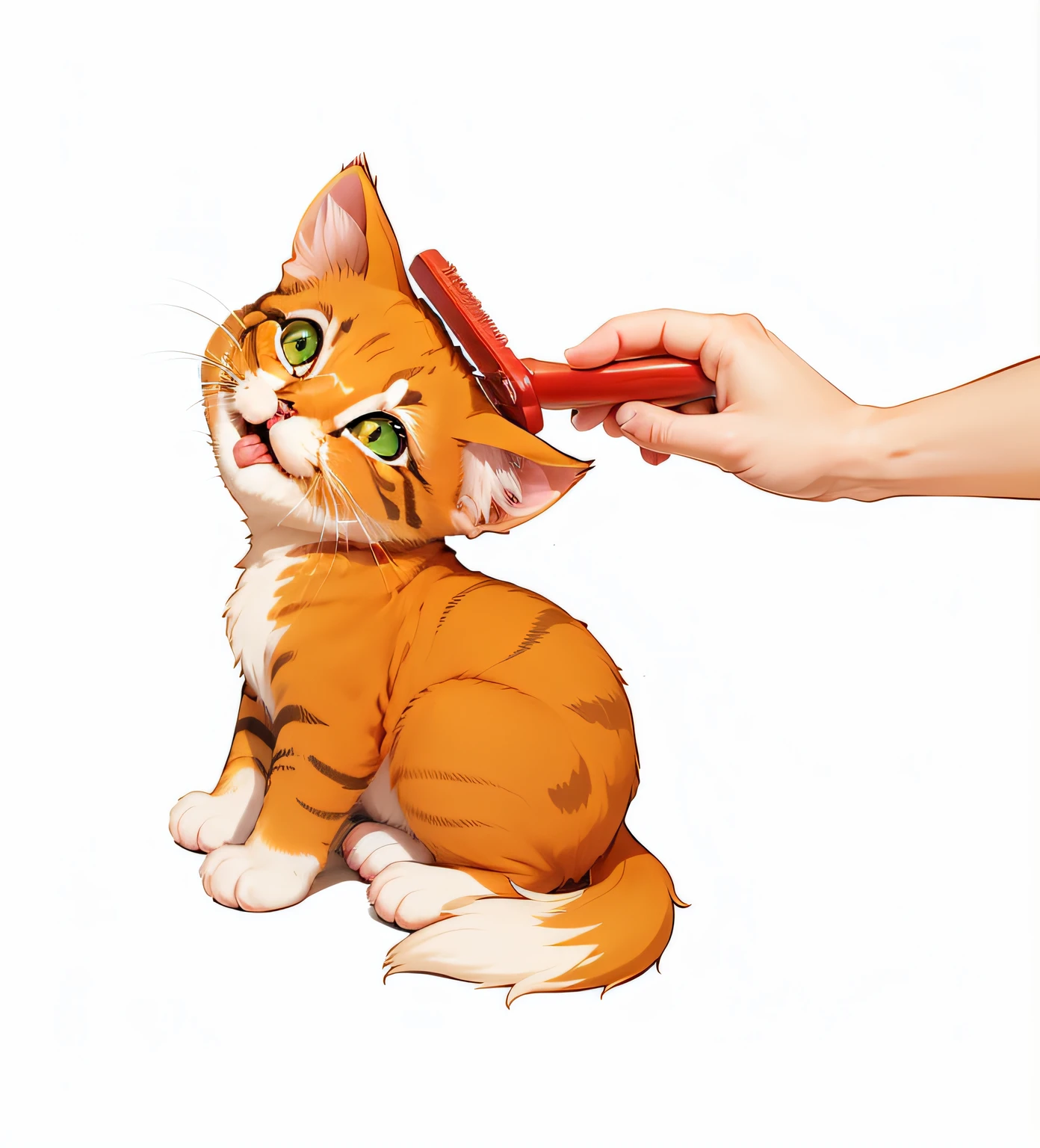 human hand brushing the fur of a cuddly kitten, kitten is happy and smiling, desenho animado antigo, anime. --auto