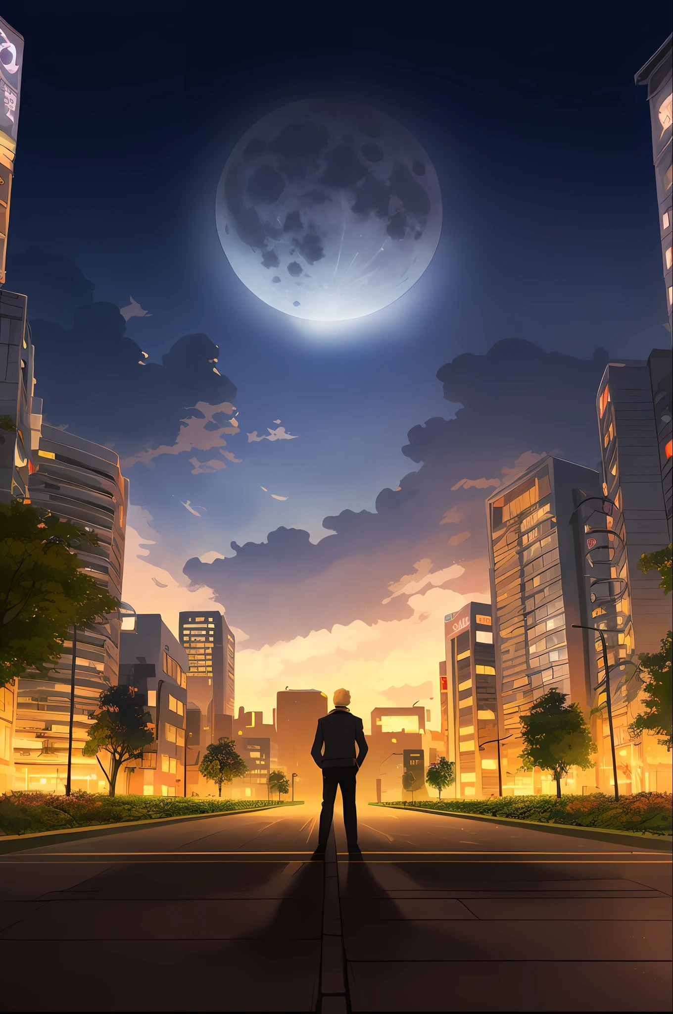 anime man standing in the middle of a city at night, Stylized urban fantasy artwork, anime style cityscape, hd anime cityscape, amazing wallpapers, 4k manga wallpapers, calm night. Digital illustration, anime movie background, Anime art wallpaper 8 K, neo tokyo background, Makoto Shinkai Cyril Rolando, the moon is big an in the city,bushes,Green belt,the trees,The trees are illuminated by warm lights