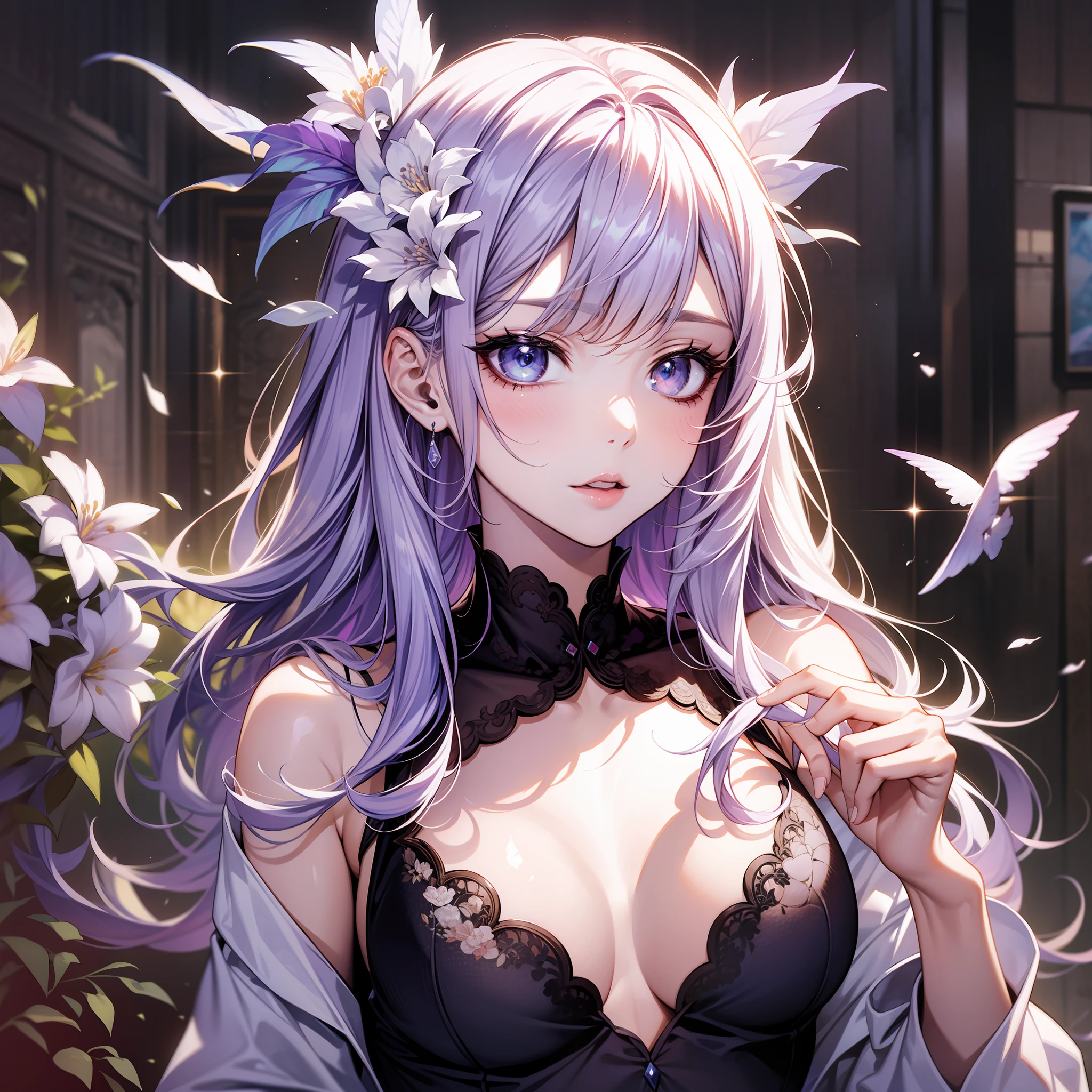Colorful hair（White to purple gradient）、a beautiful women、Eyes that seem to be sucked in、Official art、A masterpice、Extremely delicate modeling、of the best quality、