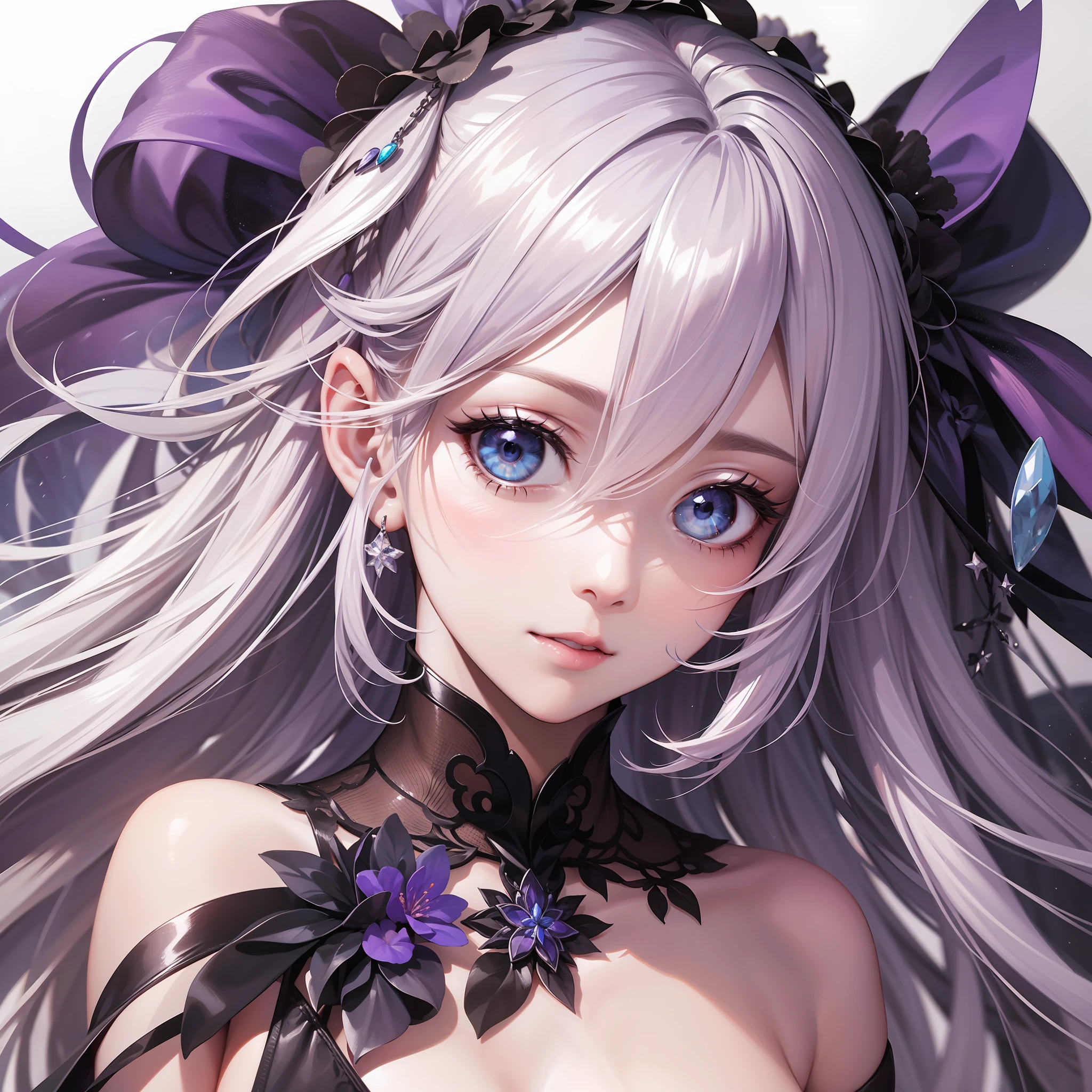 Colorful hair(White and Purple 1:1)、Soaring hair、a beautiful women、Eyes that seem to be sucked in、Official art、A masterpice、Extremely delicate modeling、of the best quality、