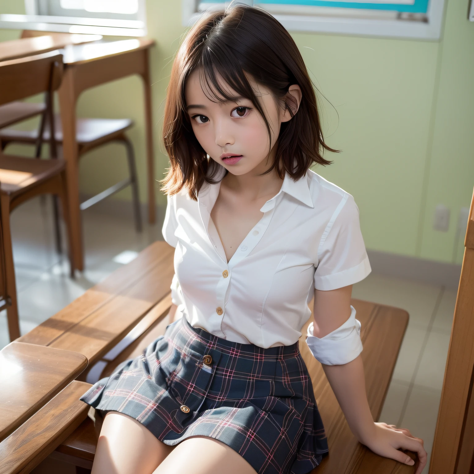 ((of the best quality、8k、A masterpice:1.3、Raw photo))、sharp-focus:1.2、(1 AESPA Girl:1.2)、(Realstic、photorealestic:1.37)、(Face Focus:1.1)、cute  face、kindness、smalll breasts、flat breast、short messy hair、sitting on、legs spreaded、White summer casual shirt、(Unbutton all shirts:1.4)、skirts、She's rolling up her skirt、school room、natural lights、baby face、Embarrassed look、