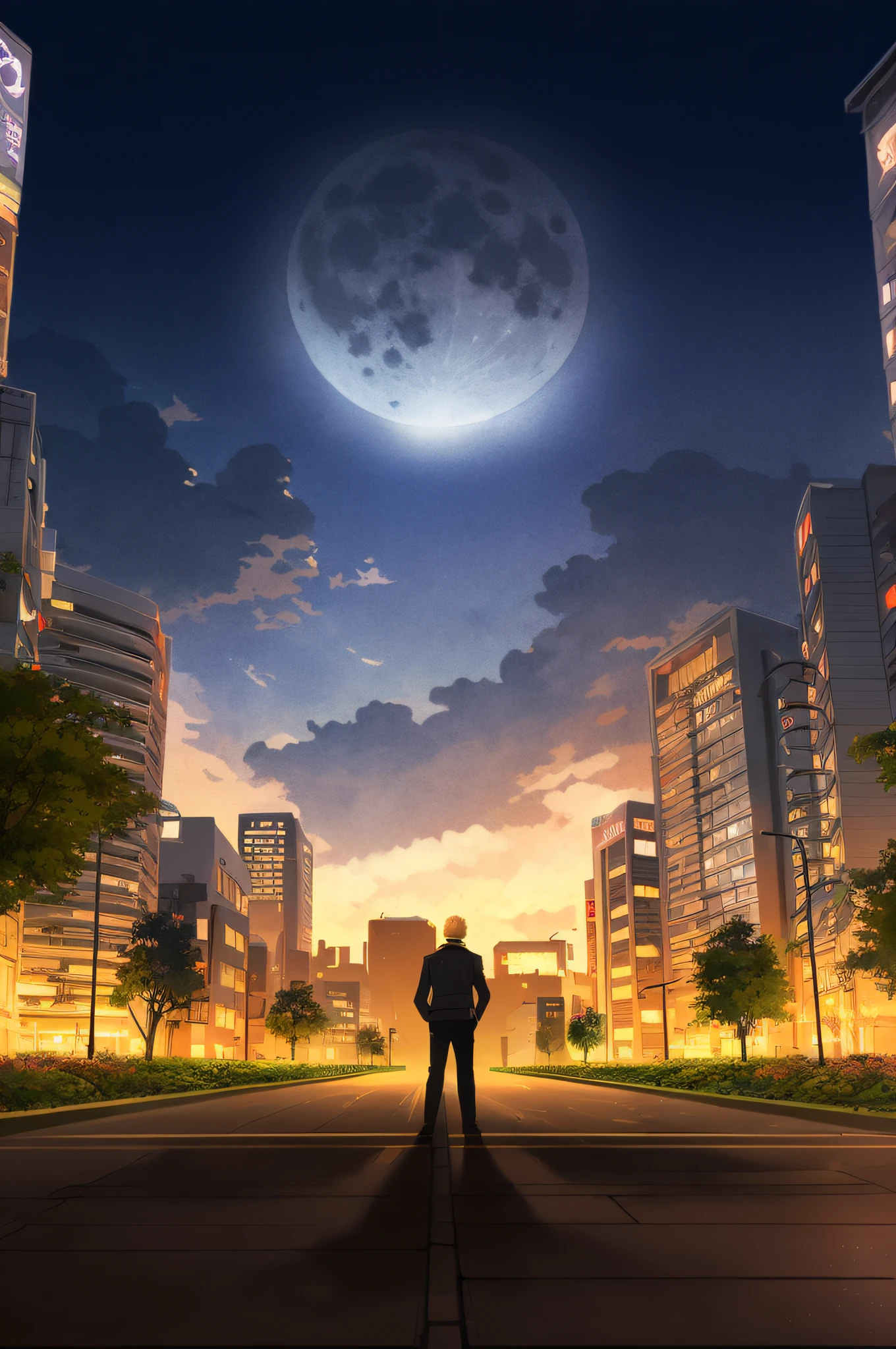 anime man standing in the middle of a city at night, Stylized urban fantasy artwork, anime style cityscape, hd anime cityscape, amazing wallpapers, 4k manga wallpapers, calm night. Digital illustration, anime movie background, Anime art wallpaper 8 K, neo tokyo background, Makoto Shinkai Cyril Rolando, the moon is big an in the city,bushes,Green belt,the trees,The trees are illuminated by warm lights