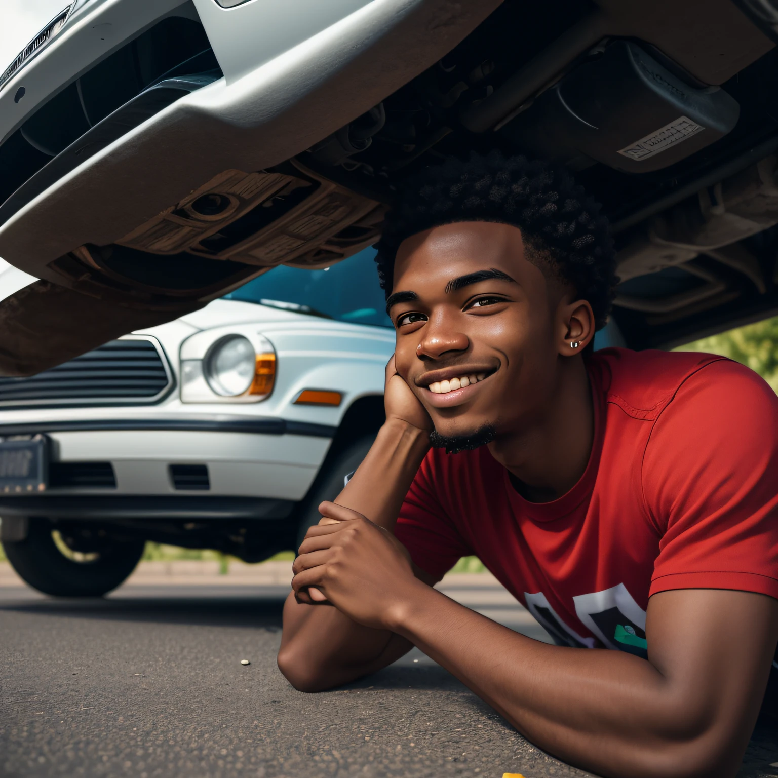 street photography, a 20 year old African American catalytic converter thief under a car, half-smiling relaxing his face and turning your lips upwards into a tiny half-smile, sun, portrait, Hasselblad X1D, natural skin --ar 16:9 50 --weird 250 --auto --s 2