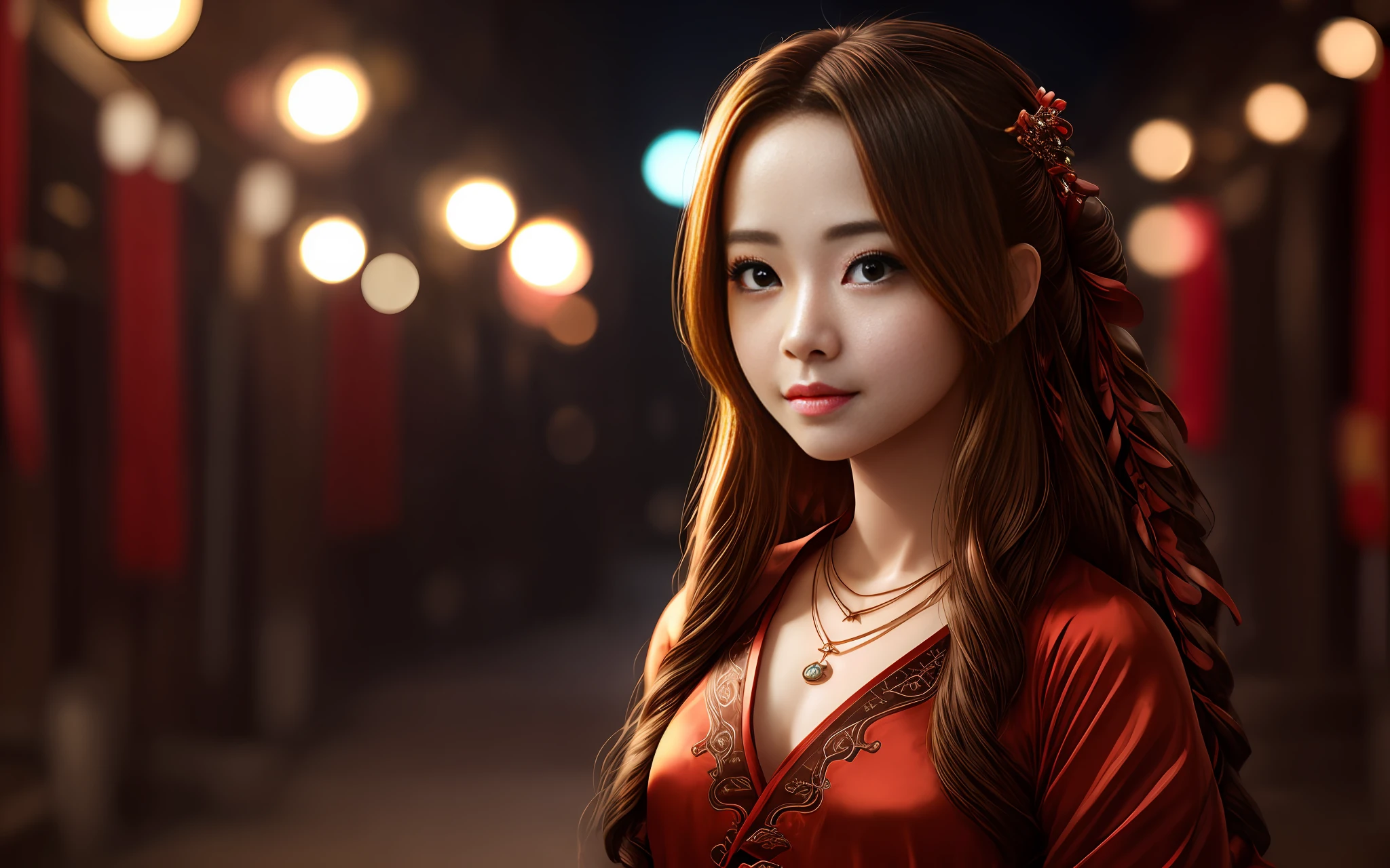 best quality, masterpiece, highres, wuxia 1girl,blush,(seductive smile:0.8),star-shaped pupils,china hanfu,hair ornament,necklace, jewelry,Beautiful face,upon_body, tyndall effect,photorealistic, dark studio, rim lighting, two tone lighting,(high detailed skin:1.2), 8k uhd, dslr, soft lighting, high quality, volumetric lighting, candid, Photograph, high resolution, 4k, 8k, Bokeh