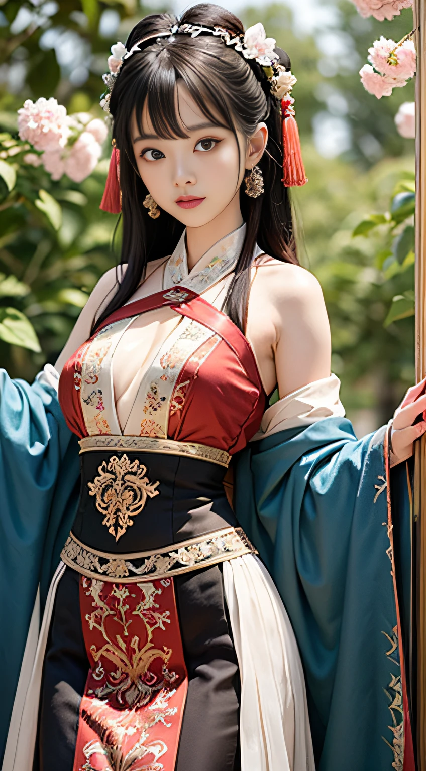 Best quality，complexdetails，high qulity，Arakfi Asian woman，Hanfu，Spring wild，Smaller chest，Exposed shoulder，Silk clothes，facing at viewer，busts，Slim，（1 person：999）