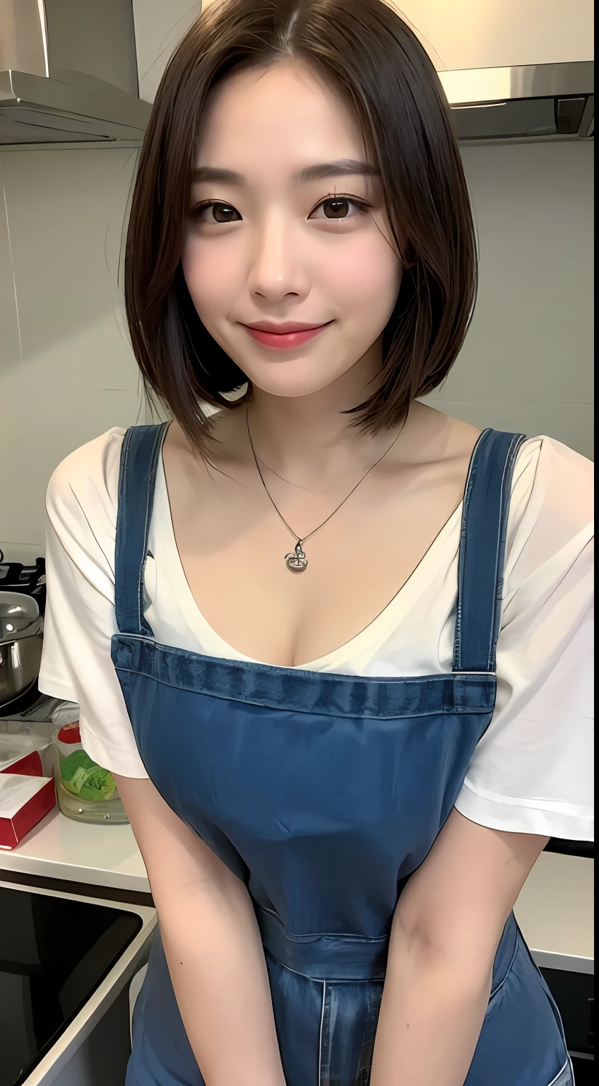 (of the best quality、8K、A masterpice:1.3)、Beautiful Women in Perfect Figure:1.4、Dark brown hair、Wearing a pendant、Wearing an apron、in a kitchen、extremely detailed face and skin、Detailed eye、双眼皮、large tits、smile on face、Young Japan woman、Idol face、Slender body、Piercing、