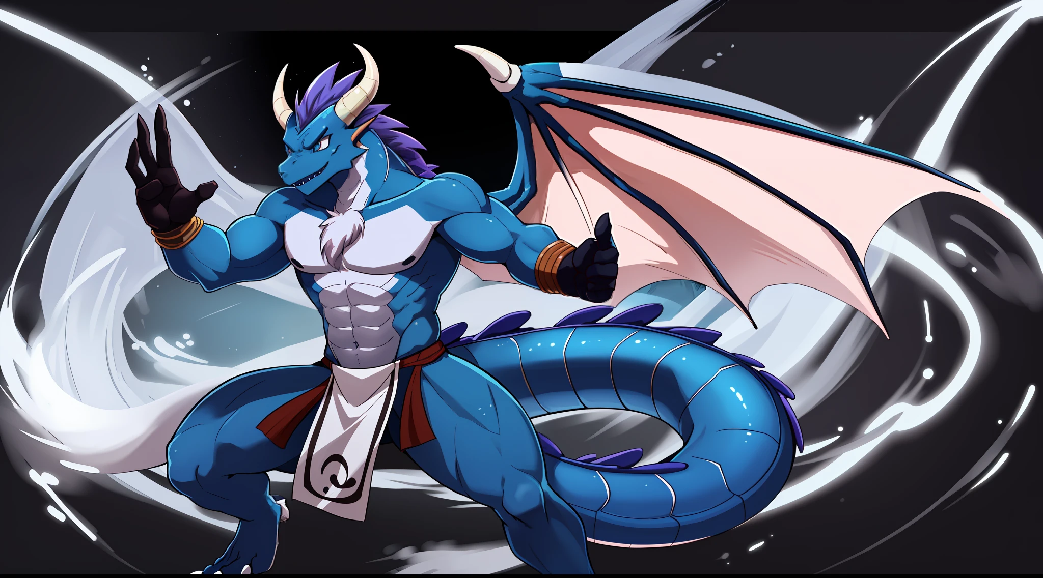 1male furry,((Blue dragon,)),White fur,Male, komono, Thin body type,I didn't wear anything on my upper body,chest muscle,The lower body is only wearing a loincloth,Dynamic pose,Dragon wings,Thick dragon tail,Full body photo