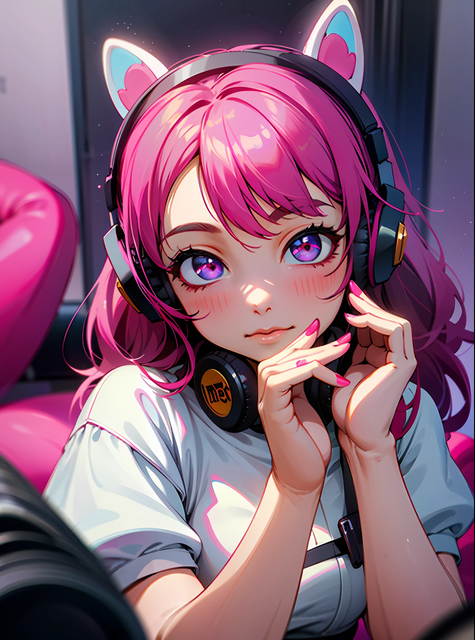 there is a woman with pink hair wearing headphones and a white dress, very beautiful cute catgirl, wearing cat ear headphones, ulzzang, pink headphones, belle delphine, girl with cat ears, with headphones, guweiz, with head phones, with bunny ears, tzuyu from twice, roseanne park of blackpink, sakimichan