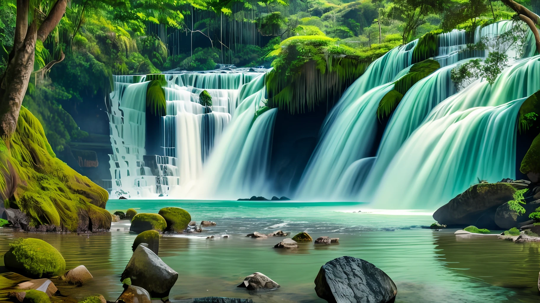 A photograph of a majestic waterfall in the midst of lush forest in brazil, with water cascading down, materpiece estilovintedois.