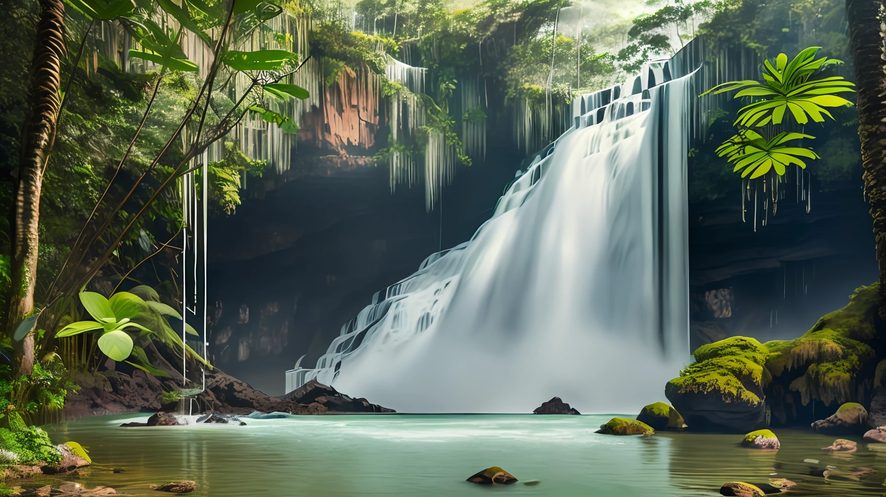 A photograph of a majestic waterfall in the midst of lush forest in brazil, with water cascading down, materpiece estilovintedois.