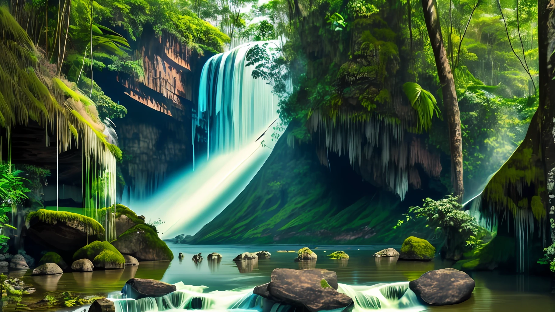 A photograph of a majestic waterfall in the midst of lush forest in brazil, with water cascading down, materpiece estilovintedois.