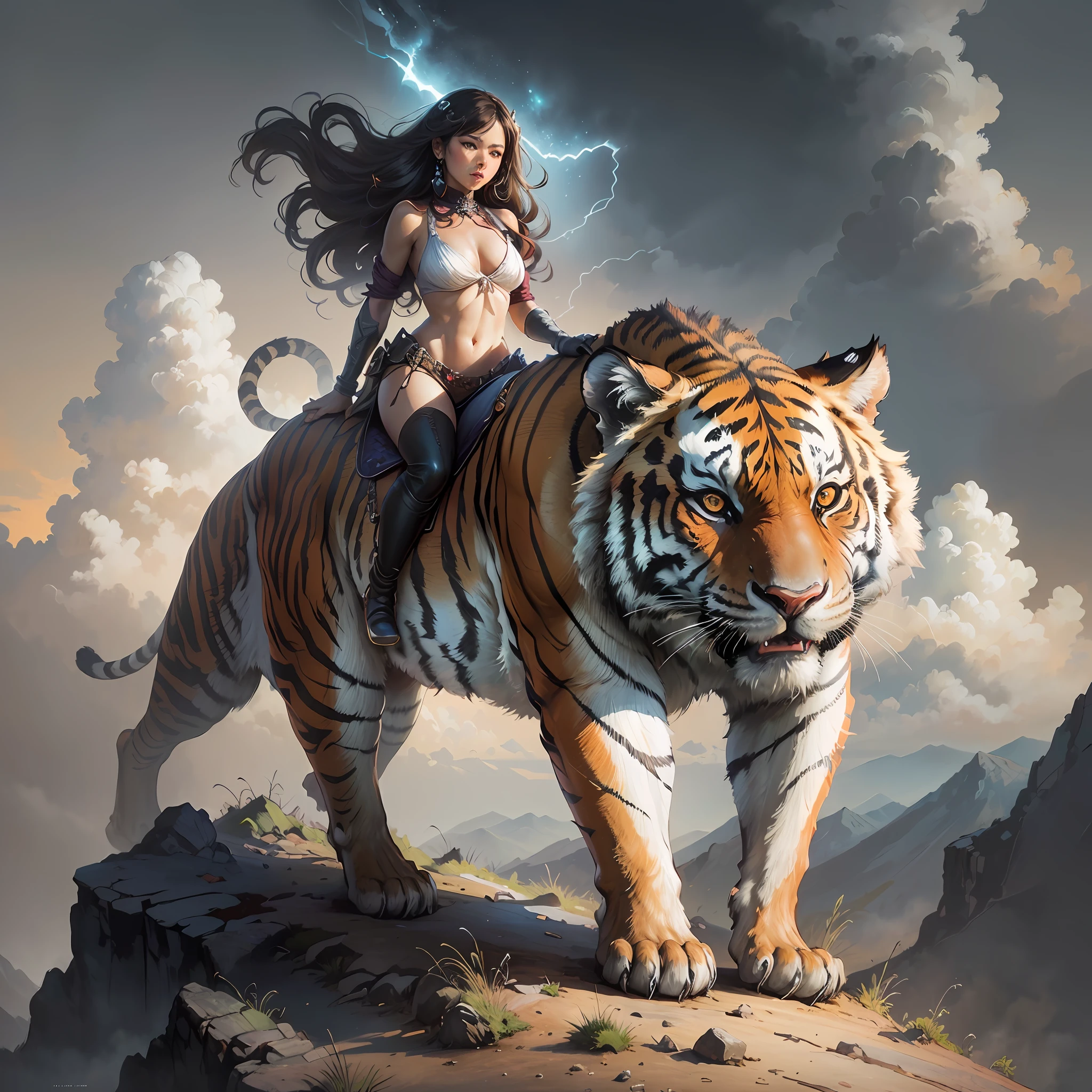 (巨作), (Best quality), (ultra -detailed), (Cinematic lighting), (illustration), Frazetta, (a woman on a mountain), one tiger,