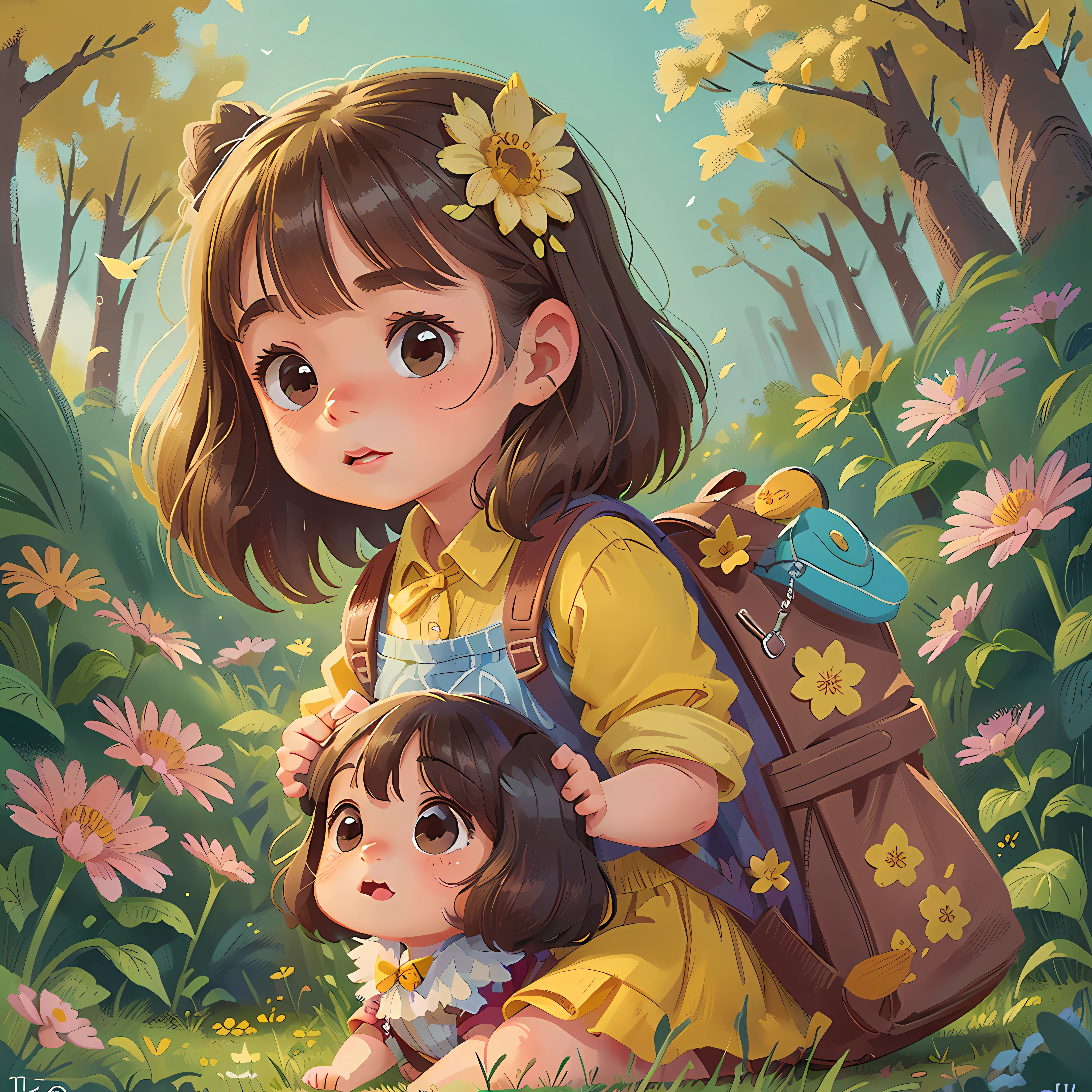 Tip: A very charming little girl with a backpack and her adorable puppy enjoying a lovely spring outing surrounded by beautiful yellow flowers and nature. The illustration is a high-definition illustration in 4K resolution with highly detailed facial features and cartoon-style visuals.