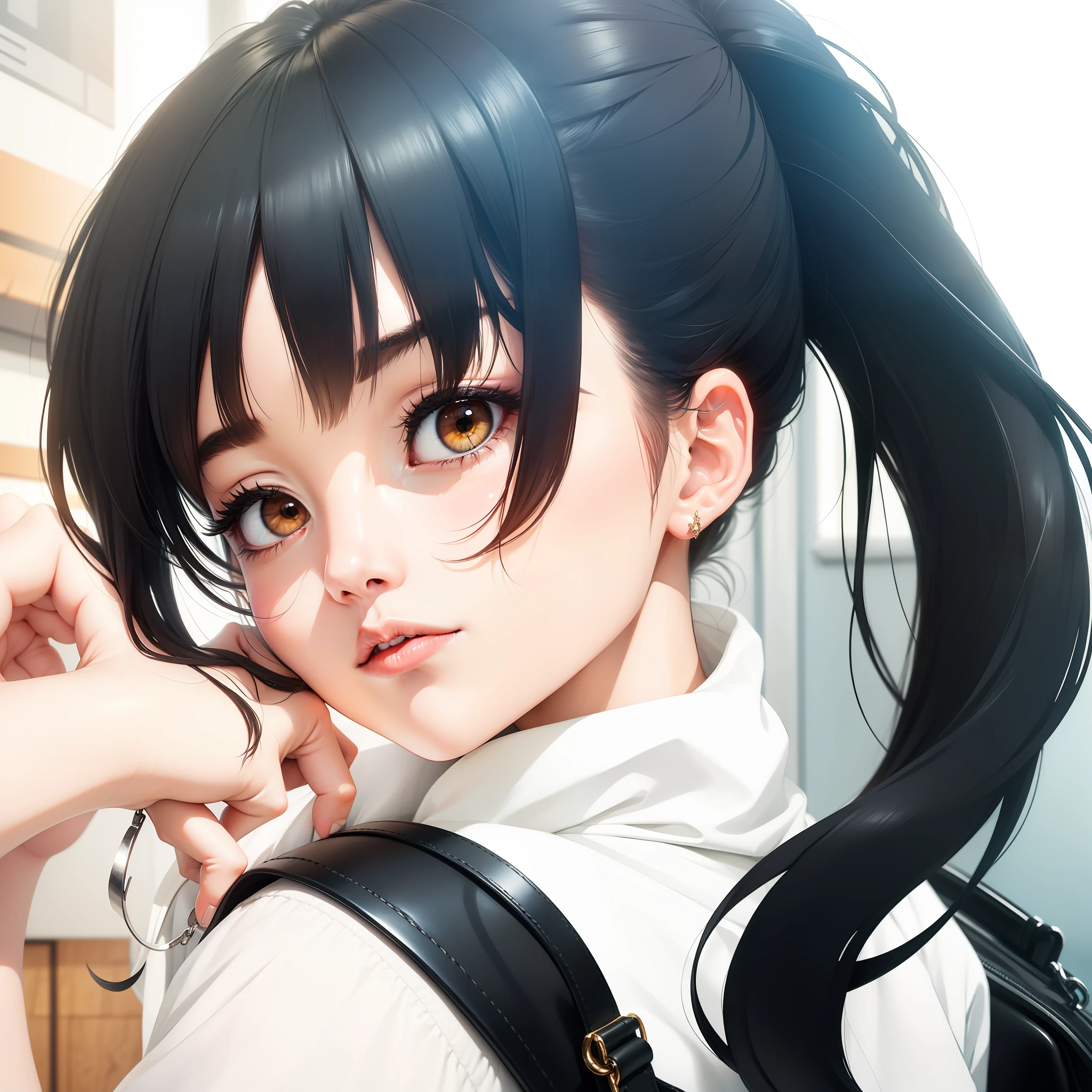 1girl, anna yamada, white jacket, black hair, brown eyes, black bag, realistic, hd image, blue earring