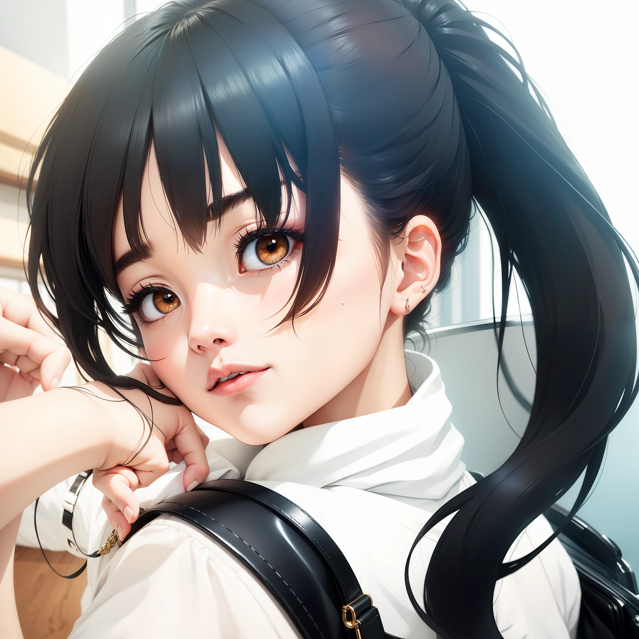 1girl, anna yamada, white jacket, black hair, brown eyes, black bag, realistic, hd image, blue earring