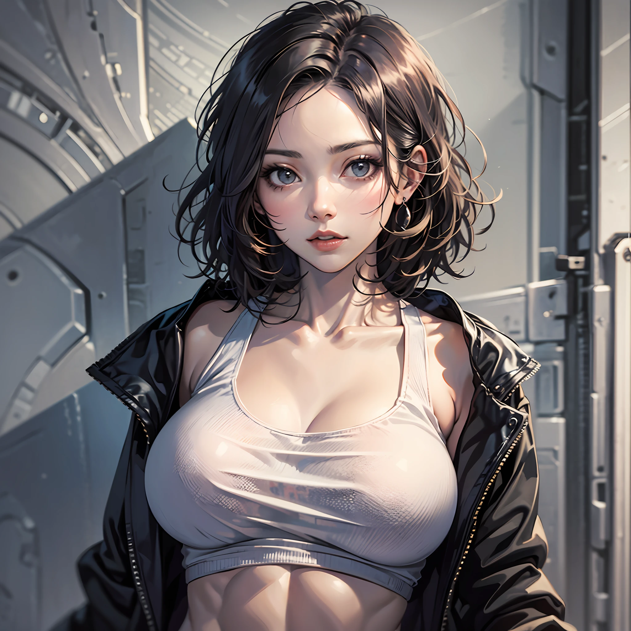 1girl, black hair, collarbone, black jacket, large breasts, looking at viewer, shirt, short hair, solo, tank top, upper body, white shirt, white tank top, showing abs, muscular female, --auto --s2