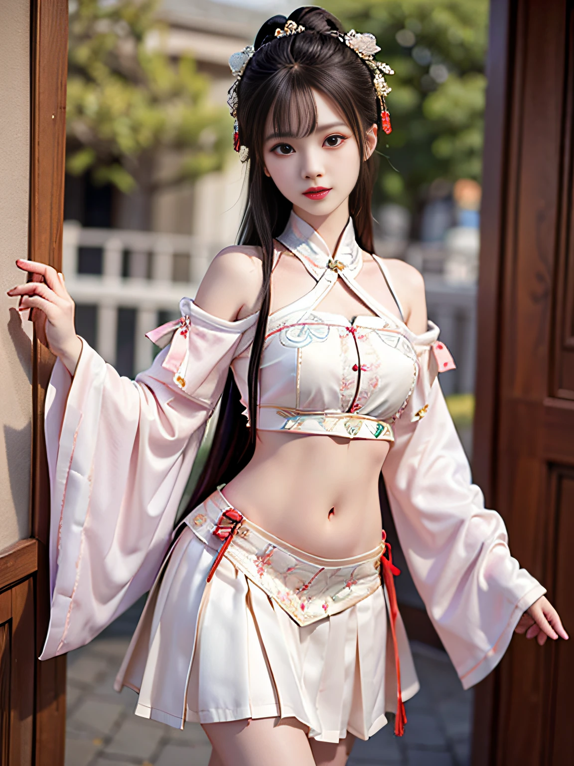 Best quality,，Intricate details，high resolucion，Ultra-detailed section，Arakfi Asian woman，Beautiful rendering of the Tang Dynasty，sexly，Smaller chest， Belly pocket，Exposed shoulder，open waist，A short skirt，Bare legs，Stand up，Face viewer，busts（facial close up）（1 person：999）