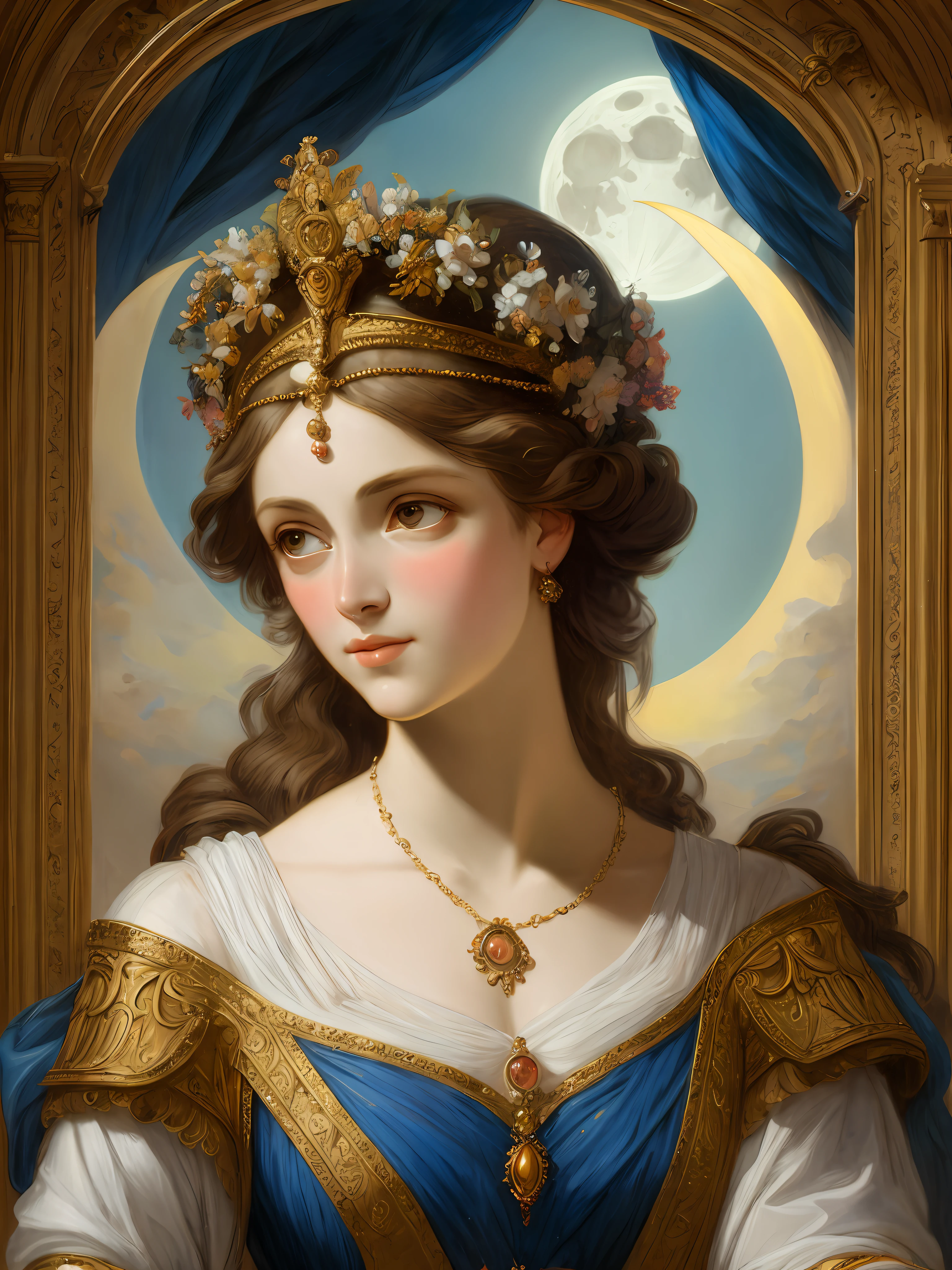painted portrait of Greek goddess Artemis, by Peter paul Rubens, goddess of chastity, hunting, and the moon, greek goddess, passionate, alluring , charming, beautiful goddess, sensual beauty, blond hair, female, mature, beautiful, upper body, healthy figure, gorgeous, fantasy, intricate, elegant, highly detailed, digital painting, art station, concept art, soft, sharp focus, illustration, art by Gaston Bussiere and Alphonse Mucha