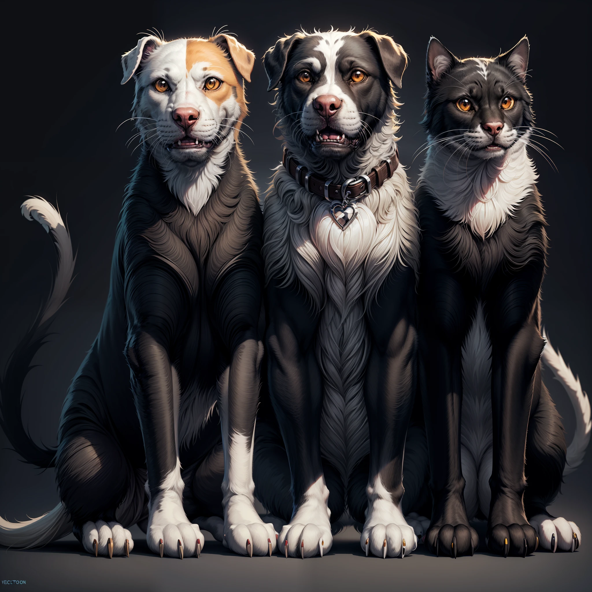 Create a vector art for pet animal where a Labrador is sitting with a cat and background is plain. The Labrador is a black,white, brown colour, and the cat is a brown and white colour --auto