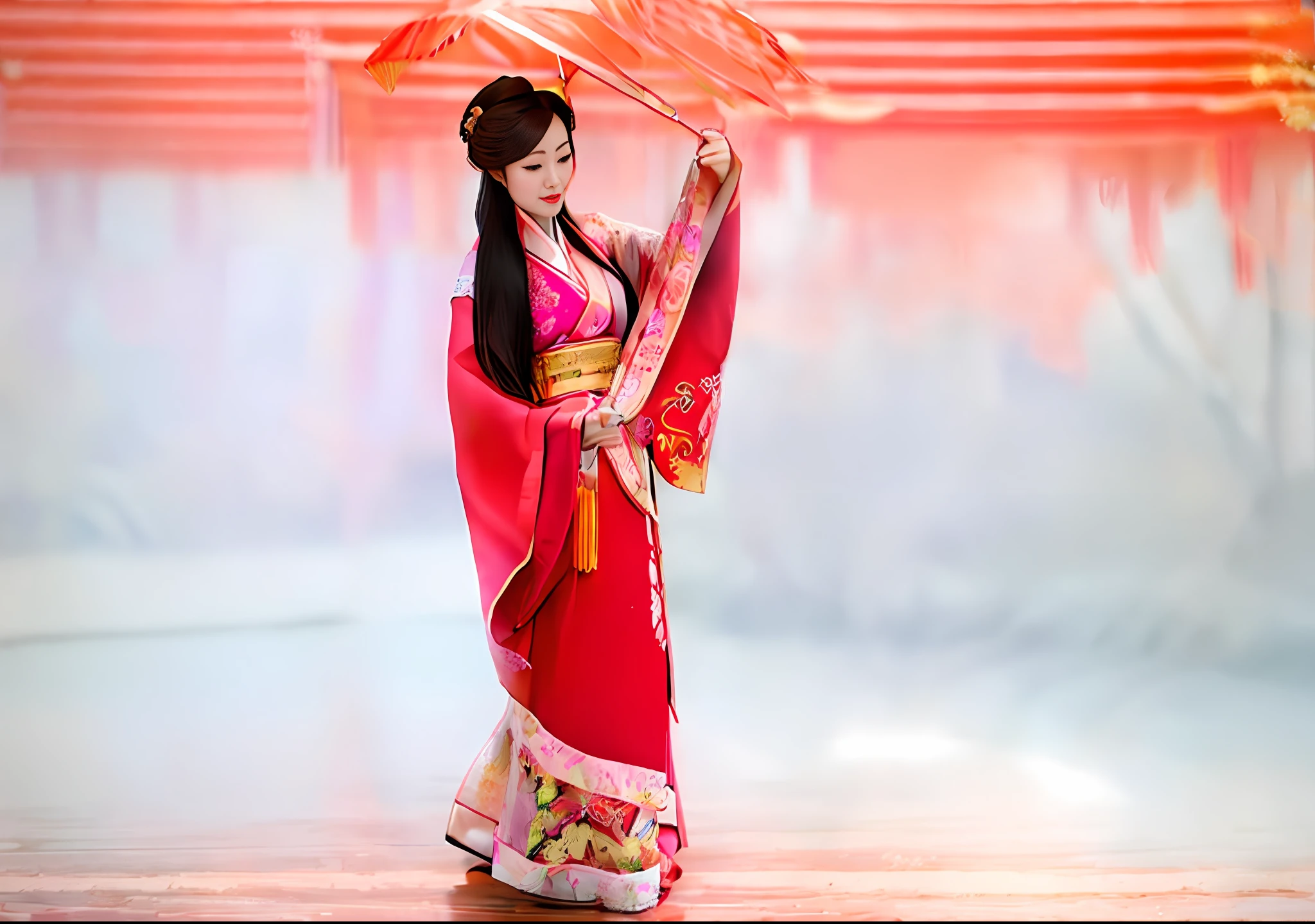HDR 8K，3D，Texture，Araki woman in pink kimono，Pink umbrella, wearing ancient Chinese costume, with acient chinese clothes, Traditional Chinese clothing, Chinese costume, royal palace ， A girl in Hanfu, ancient chinese princess, wearing ornate silk clothes, traditional geisha clothing, Japanese clothes, Japanese kimono, ancient asian dynasty princess, in a kimono, Chinese dress, traditional japanese