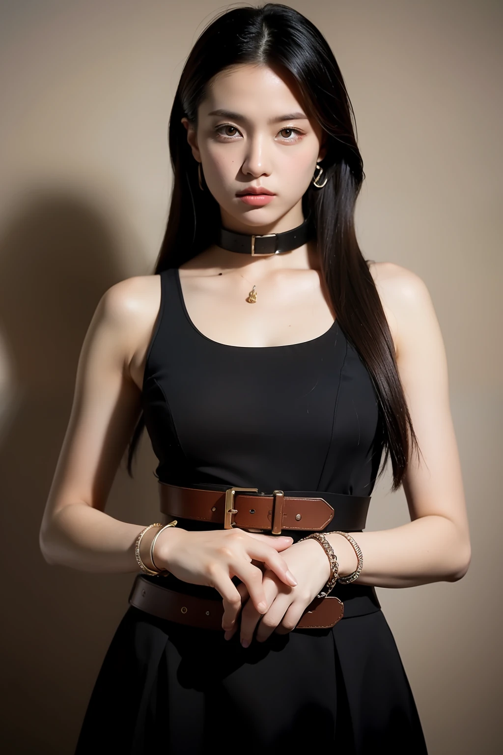 [art by Boris Vallejo, (art by Boris Vallejo:0.7)::13], Photo of a behance, Beautiful Korean kpop idol Woman, Potter, Bracelet, Belt, Collar, Mecha background, film grain, Sony A7, Depth of field 270mm
