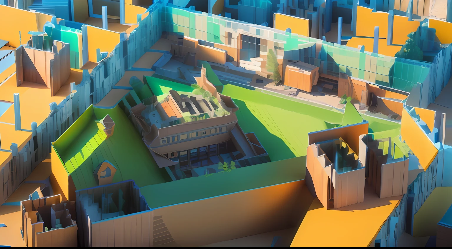 there is a 3d image of a building with a green sign, conceito, detail render, conceptual rendering, Isometric view, digital model, Detailed rendering, concept image, a digital rendering, depicted as a 3 d render, 3d rendered model, ground-breaking, photorender, 3 d rendered, C4D rendering, a digital rendering, art render, isometric perspective view
