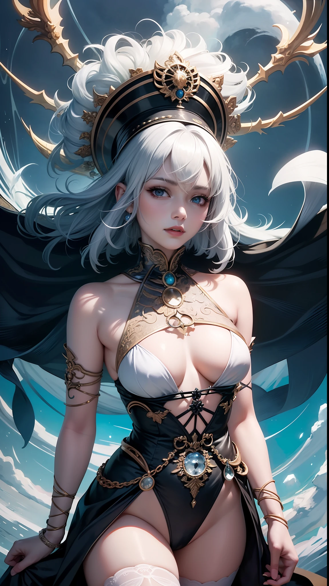 nmasterpiece,(最佳质量:1.2),digitalart,(ultra fine:1.2),(Extremely refined and beautiful:1.2),looking at me,arcane,dreamlike,Gauze clothes,floatking,(beautiful details eyes:1.1),(Detail light:1.1),cinematiclight,Night sky,perverted woman,sexly,whitehair,blue eyed,glowing eyes,(lune:1.2),(moon light:1.1),starry light,(Light particles:1.1),Arcane,thin fog,Snow painting,sketching,blooms,mobile wallpaper。