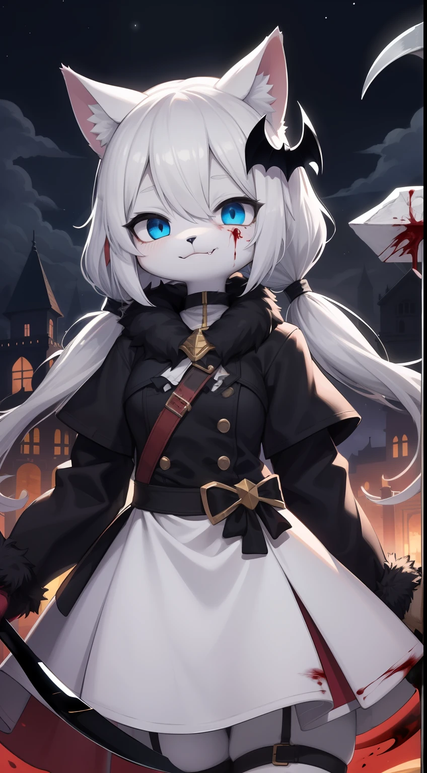 Cat Girl，was hairy，shaggy，Skin fur，White fur，Forelimb hands，hair splayed out，White ears，White face fur，White hair, hair splayed out, Shiny hair，Long hair，Hairline, low twintail，Blue eyes，Super cute face，Empty eyes，Crazy smile, Fangs，scythe design，Huge black scythe，Fantasy Scythe，bat hair ornament，White dress，Ambient light，Ultra-fine fur，volumettic light，, dashed eyes, bangs, light and darkcontrast, ultra high def, 巨作, Super detail，Castle background，Night，starry light，blood, blood_On_clothes, blood_On_Hands, blood_On_arma, blood_Flying splashes, blood_stain