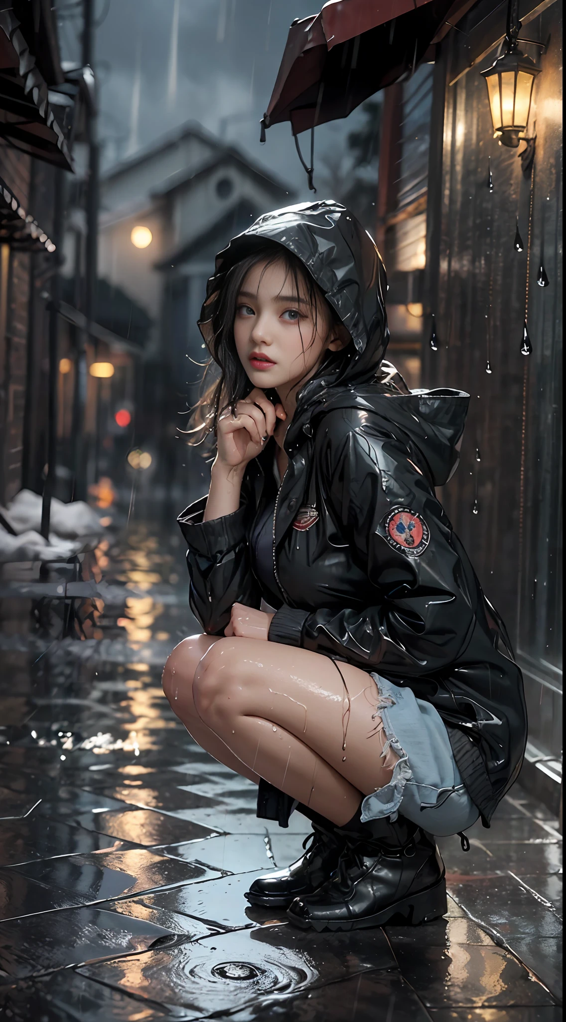 (masterpiece:1.2, best quality), (real picture, intricate details), (night, dark, downpour:1.4)
There was no one in the alley, and the surroundings were silent, only the raindrops sprinkled on the tile eaves of the low houses near and far, making a slight rustling sound. In the cold rain, (1 beautiful 22 year old pakistani girl, big breasts, wet hooded jacket, super sexy, perfect eyes:1.2) squatting on the ground, small clothes drenched in rain, hyper realistic, highly detailed, 8K, 3D HDR