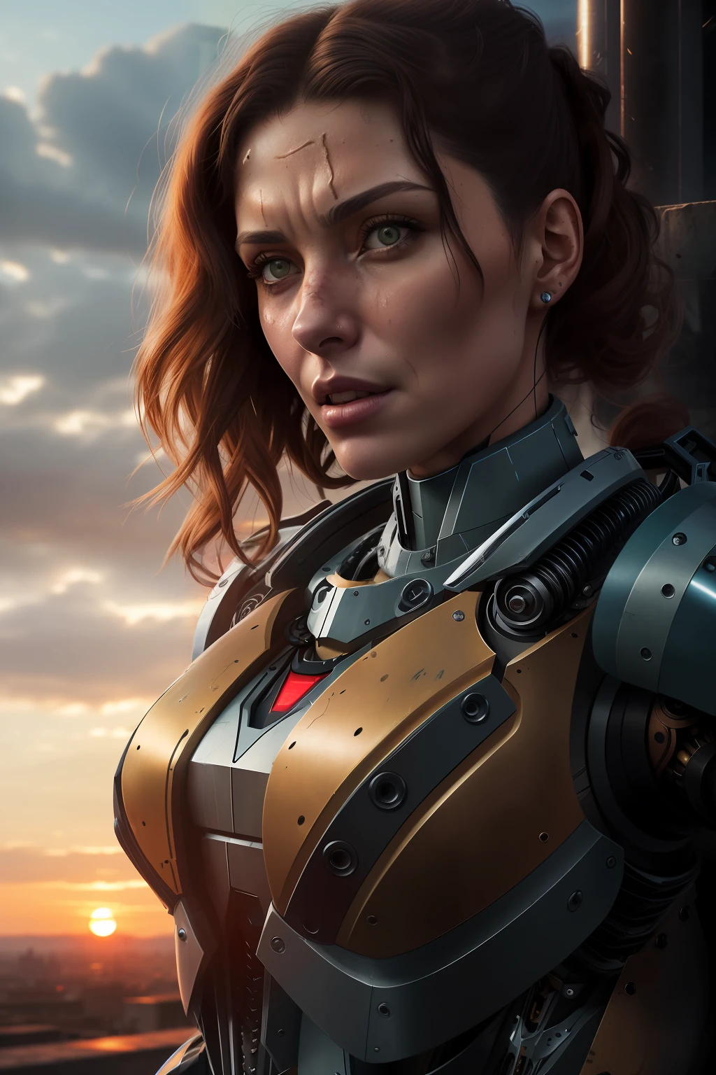 realistic photo of ((woman in a hulking hydraulic biomechanical exoskeleton armored robot)), (detailed face), sunset, sweaty, grime, post-apocalyptic, long hair, cyberpunk, (modelshoot style), eliol69