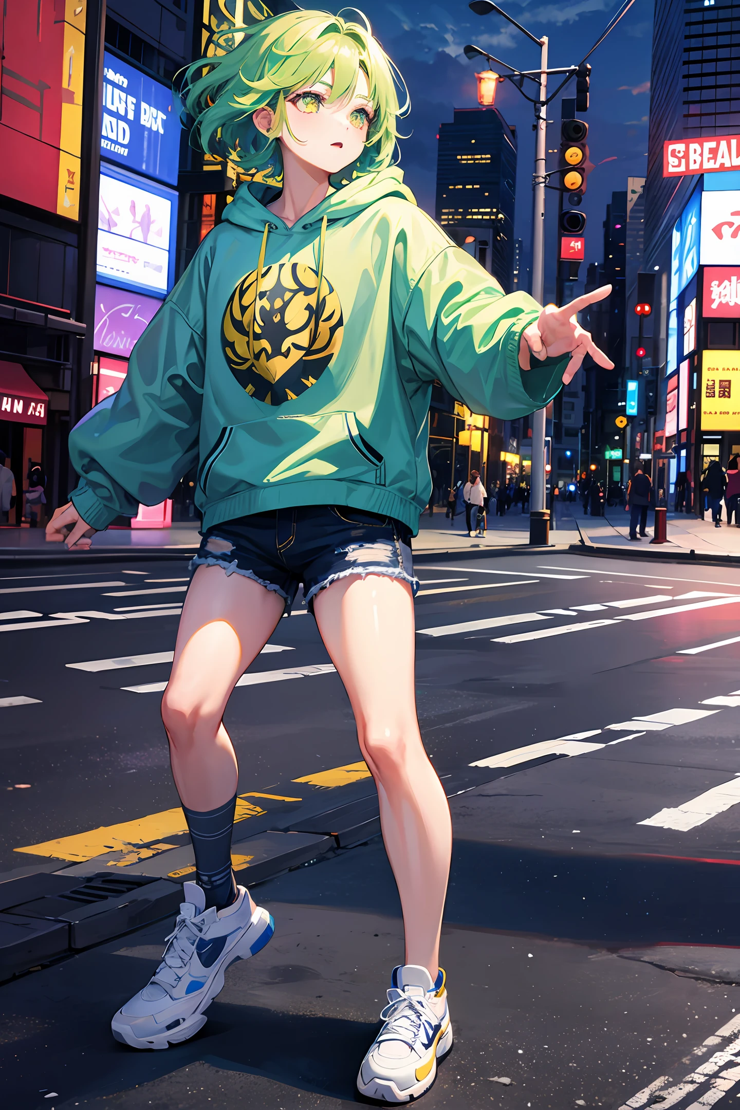 巨作, Extremely detailed CG unity,Extremely detailed eyes, Ultra-detailed, Intricate details, 1 boy, solo dance,Short gray hair,Hair half ruffled and half down,Yellow-green eyes, Hoodies,ripped jeans,Platform shoes,
, Public, road street signs, street park, street,