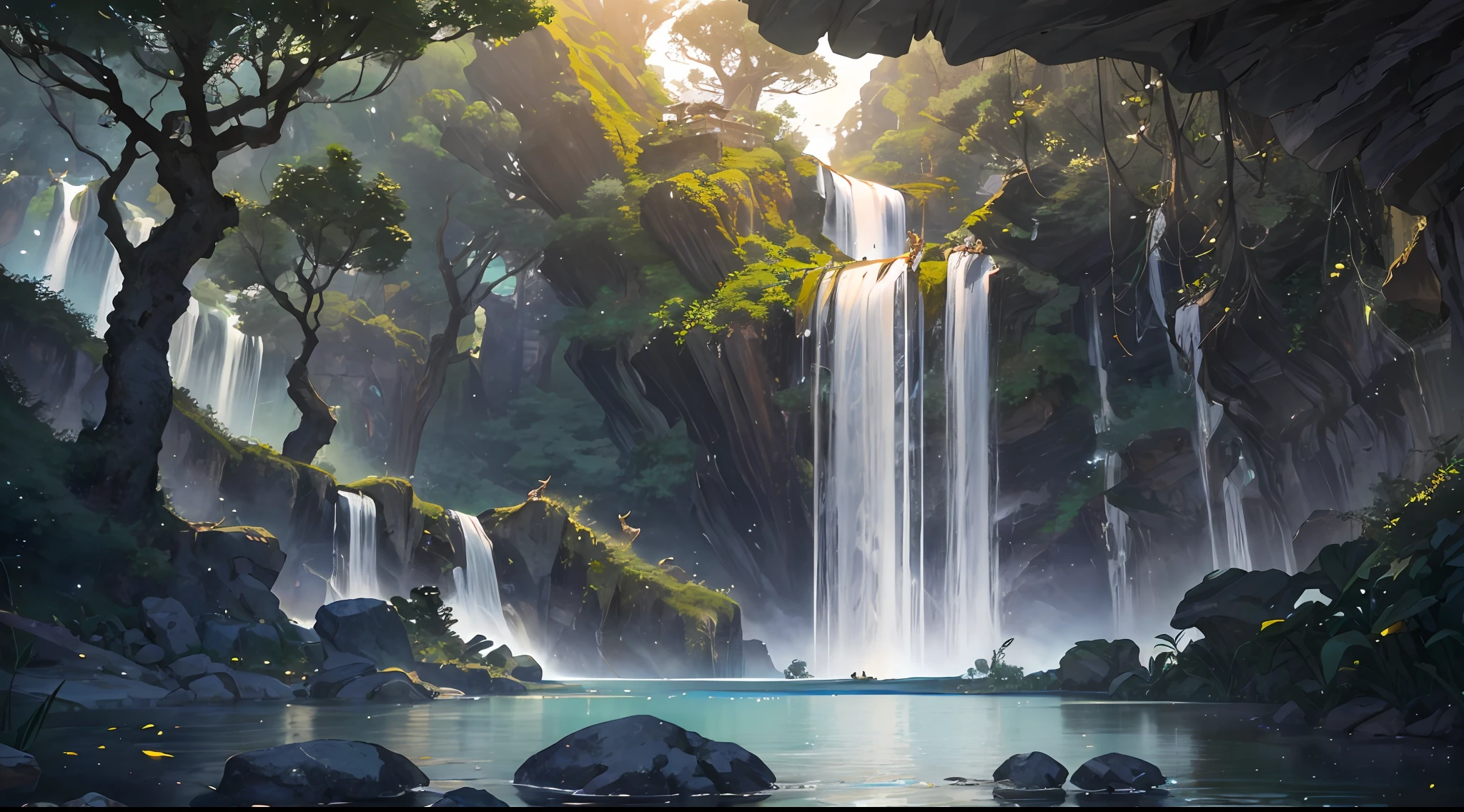 Chinese ancient times, spring, jungle, lake, cave, waterfall, tree, meadow, rock, deer, hot spring, water vapor, (illustration: 1.0), epic composition, realistic lighting, HD details, masterpiece, best quality, (very detailed CG unified 8k wallpaper)