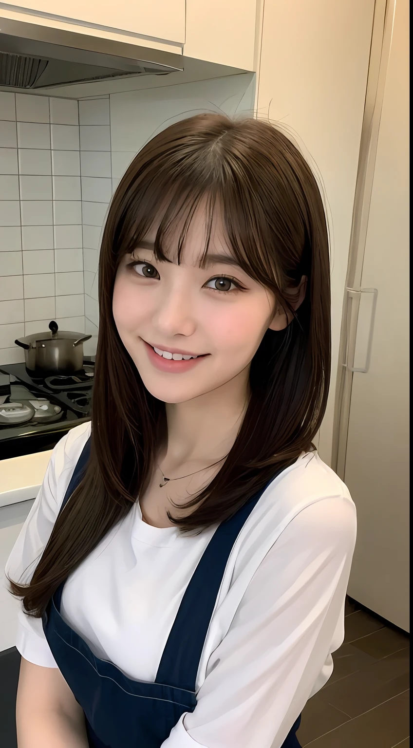 (of the best quality、8K、A masterpice:1.3)、Beautiful Women in Perfect Figure:1.4、Brown-haired、bobhair、gargantilha、Wearing an apron、in a kitchen、extremely detailed face and skin、Detailed eye、双眼皮、mid tits、smile on face、Young Japan woman、Idol face、bangs bangs、