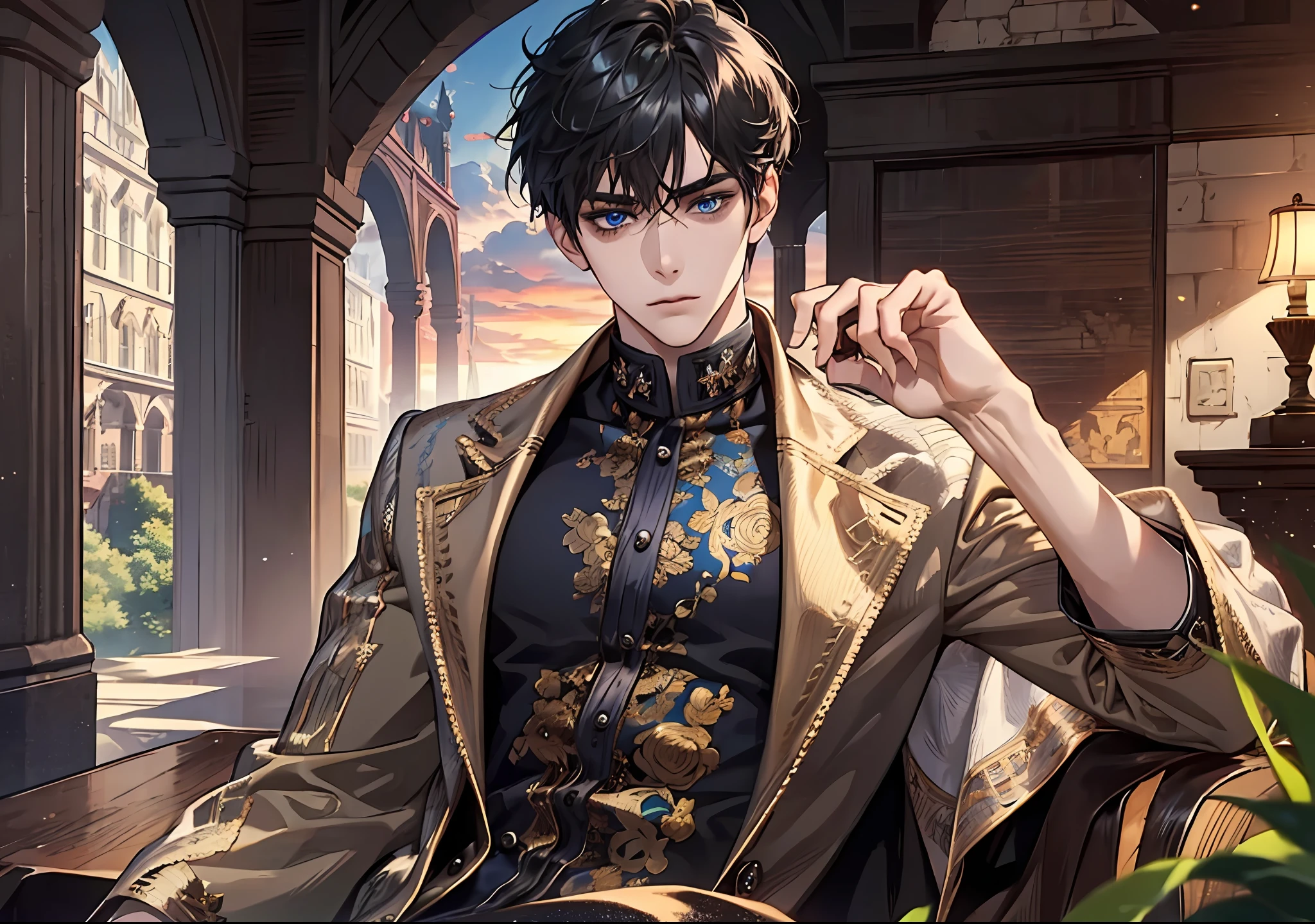 man, abs, male, male face, attractive, thin, ((1man)), masterpiece, sitting, cool pose, steampunk clothes, absurd details, best quality, intricate details, (shiny skin, shiny body, bright skin,, bright hair, pale skin tone), old castle, sunset, attractive, adult, one, don't look at the sight, don't look at the view, don't look at the view, short black hair,  perfect detailed face, perfect detailed hands, blue eyes, ((MLS)), medium large outbreak
