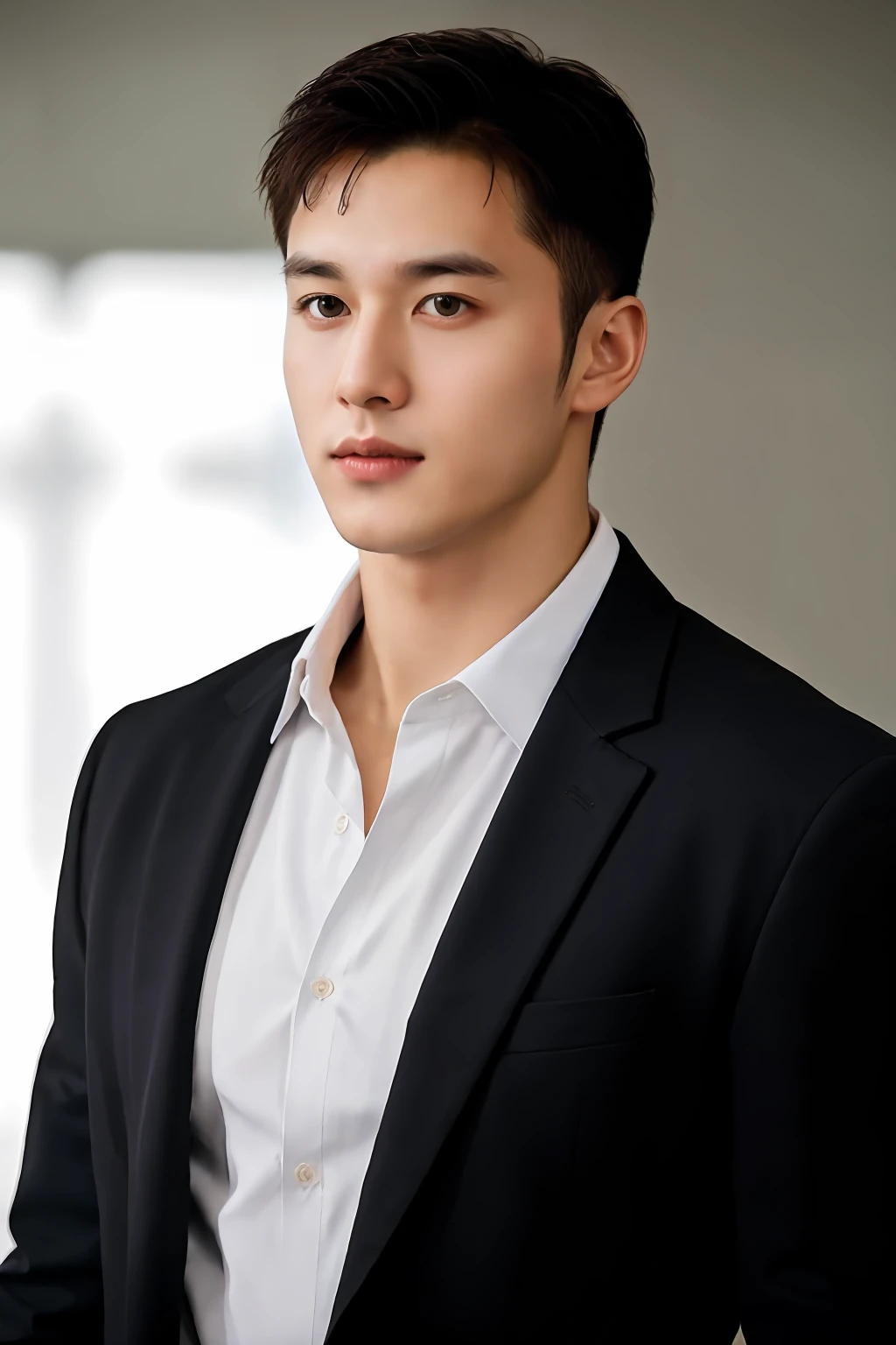 1man, a 25-year-old muscular man, wears a black suit, bodice, soft lighting, masterpiece, best quality, 8k ultra high definition, DSLR camera, film grain, Midjourney and greg rutkowski's Fujifilm XT3 realistic drawing art