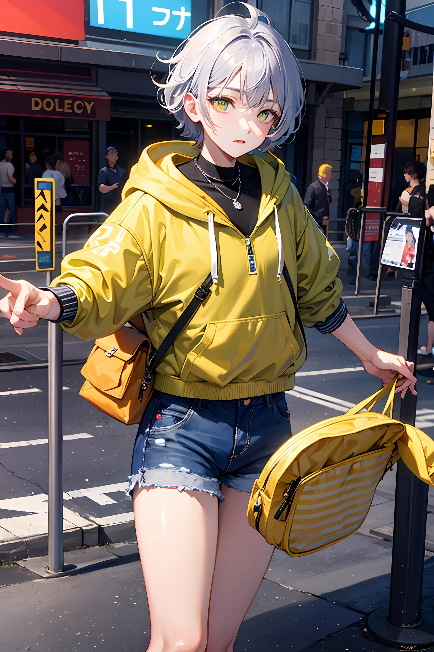 巨作, Extremely detailed CG unity,Extremely detailed eyes, Ultra-detailed, Intricate details, 1 boy, solo dance,Short gray hair,Hair half ruffled and half down,Yellow-green eyes, Hoodies,ripped jeans,Platform shoes,
, Public, road street signs, street park, street,