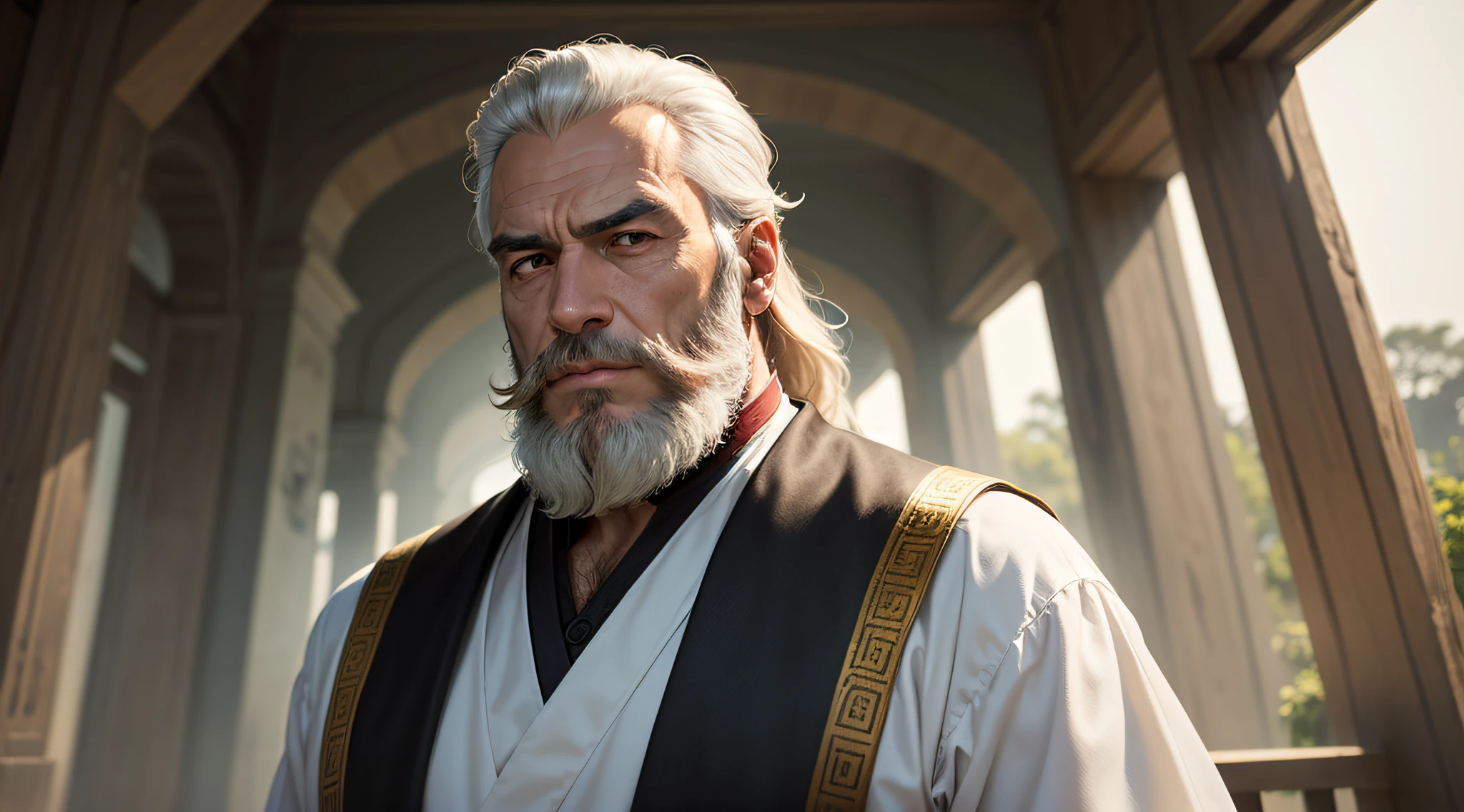 (((obra-prima))), melhor qualidade, ultra-detalhada, com um mestre zen com uma grande barba branca sentado e olhando para frente em um fundo desfocado. --auto
