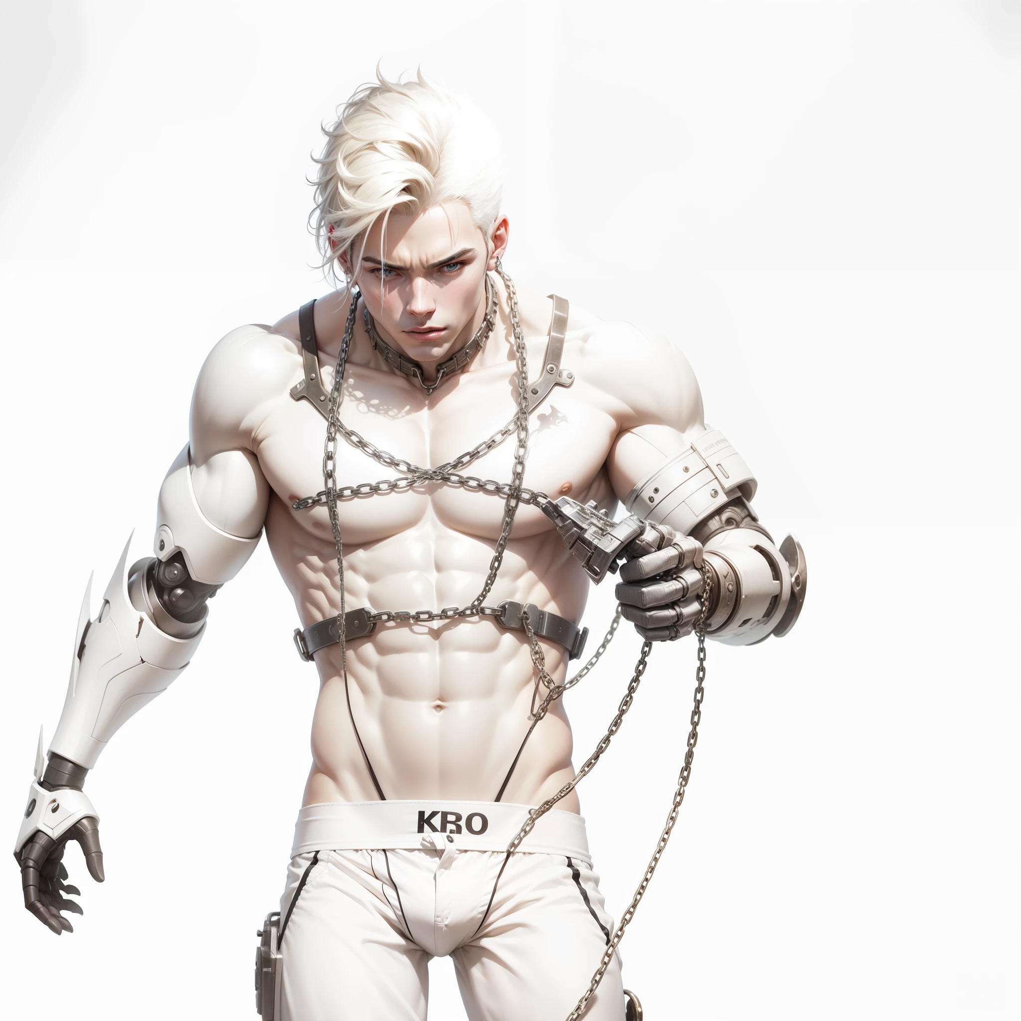 1 boy, realistic, with chain in boddy, detailed skin, detailed face, highligt image, perfect, robo, muscle,