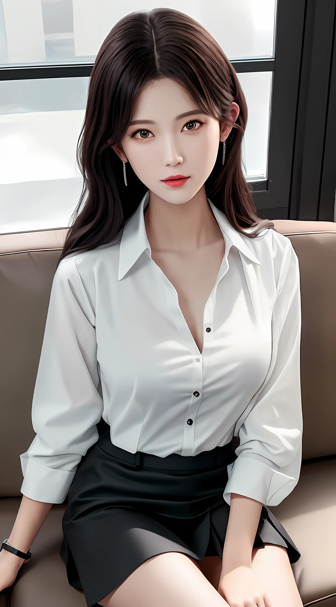 最佳质量， nmasterpiece， 1girls， beatutiful face， （photo realistic：1.3）， edgelighting， （High Detail Skins：1.2）， 8K  UHD， digital DSLR camera， highly quality， high resolucion， 4K， 8K， office， Absurde， Optimal proportions of four fingers and one thumb， （extremely lifelike：1.3）， Cute 1girl， In a white blouse shirt， Medium breast， A short skirt，Seat on the sofa