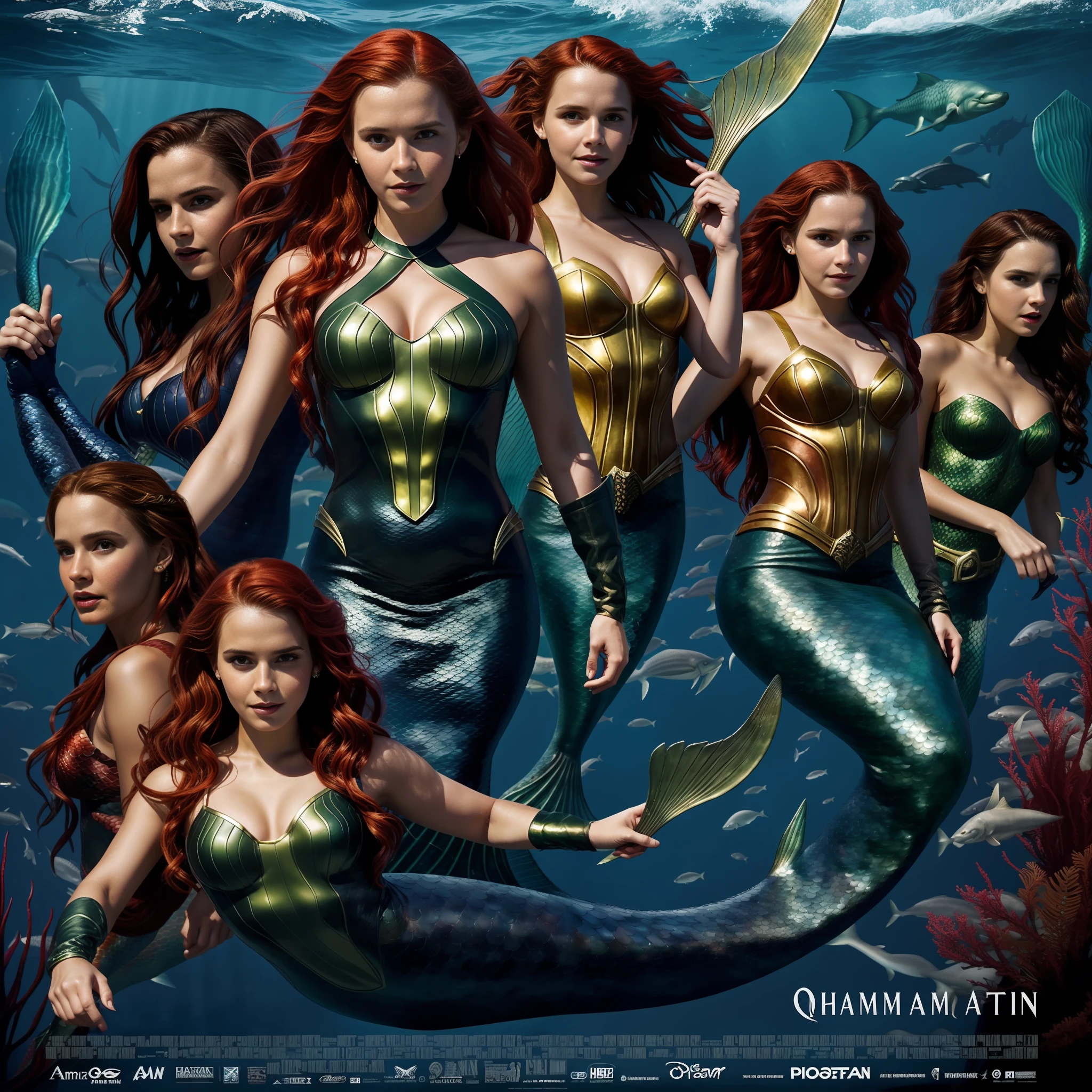 a woman with red hair in a mermaid costume, character poster, queen of atlantis, movie poster with no text, key character poster, shanina shaik as medusa, kristen bell as a mermaid, emma watson as sea mermaid, aquaman, amouranth as a super villain, sea queen, full figure poster, better known as amouranth, aquasixio