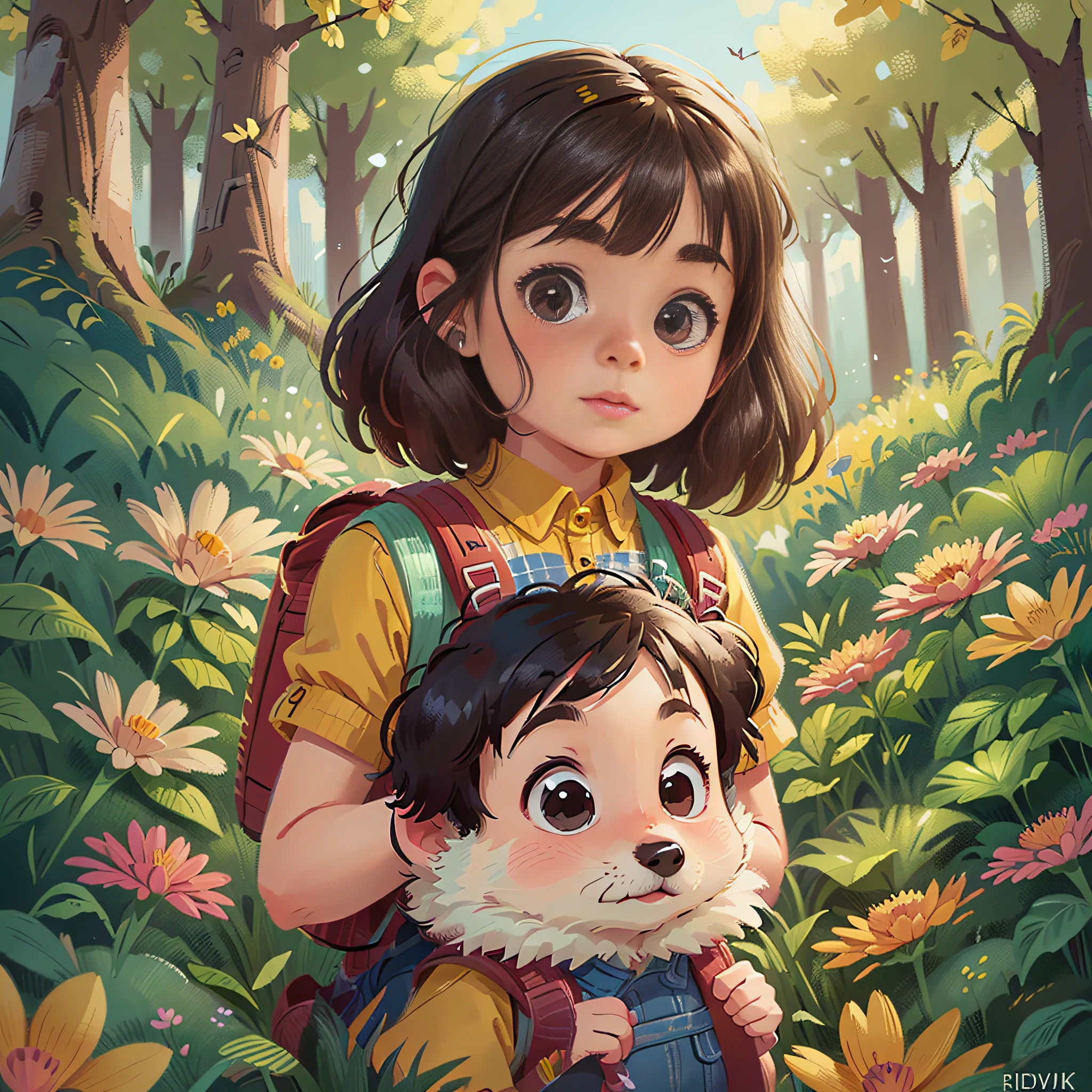 Tip: A very charming little girl with a backpack and her adorable puppy enjoying a lovely spring outing surrounded by beautiful yellow flowers and nature. The illustration is a high-definition illustration in 4K resolution with highly detailed facial features and cartoon-style visuals.