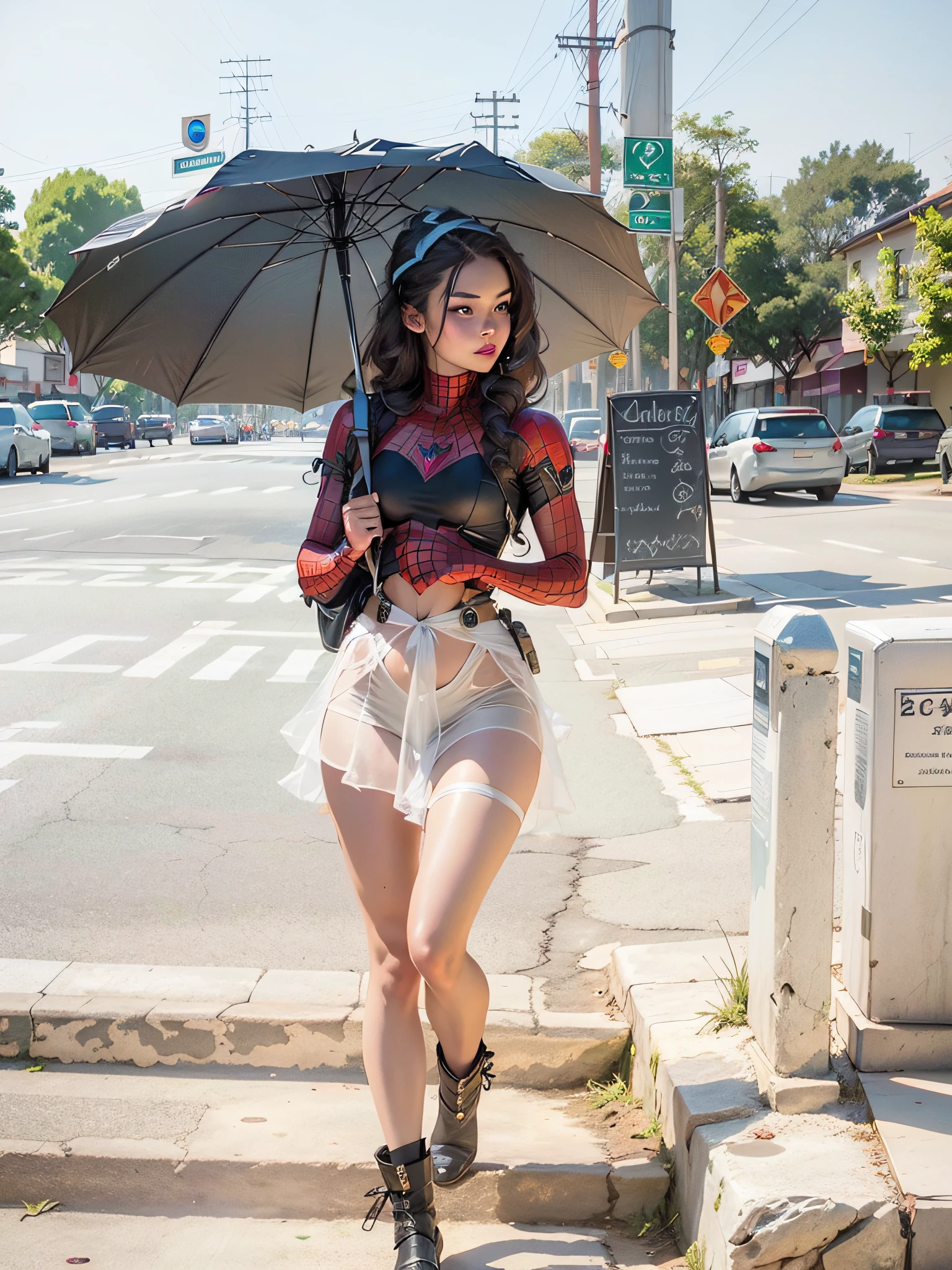 Beautiful woman detailed defined body using spider man cosplay, small breasts