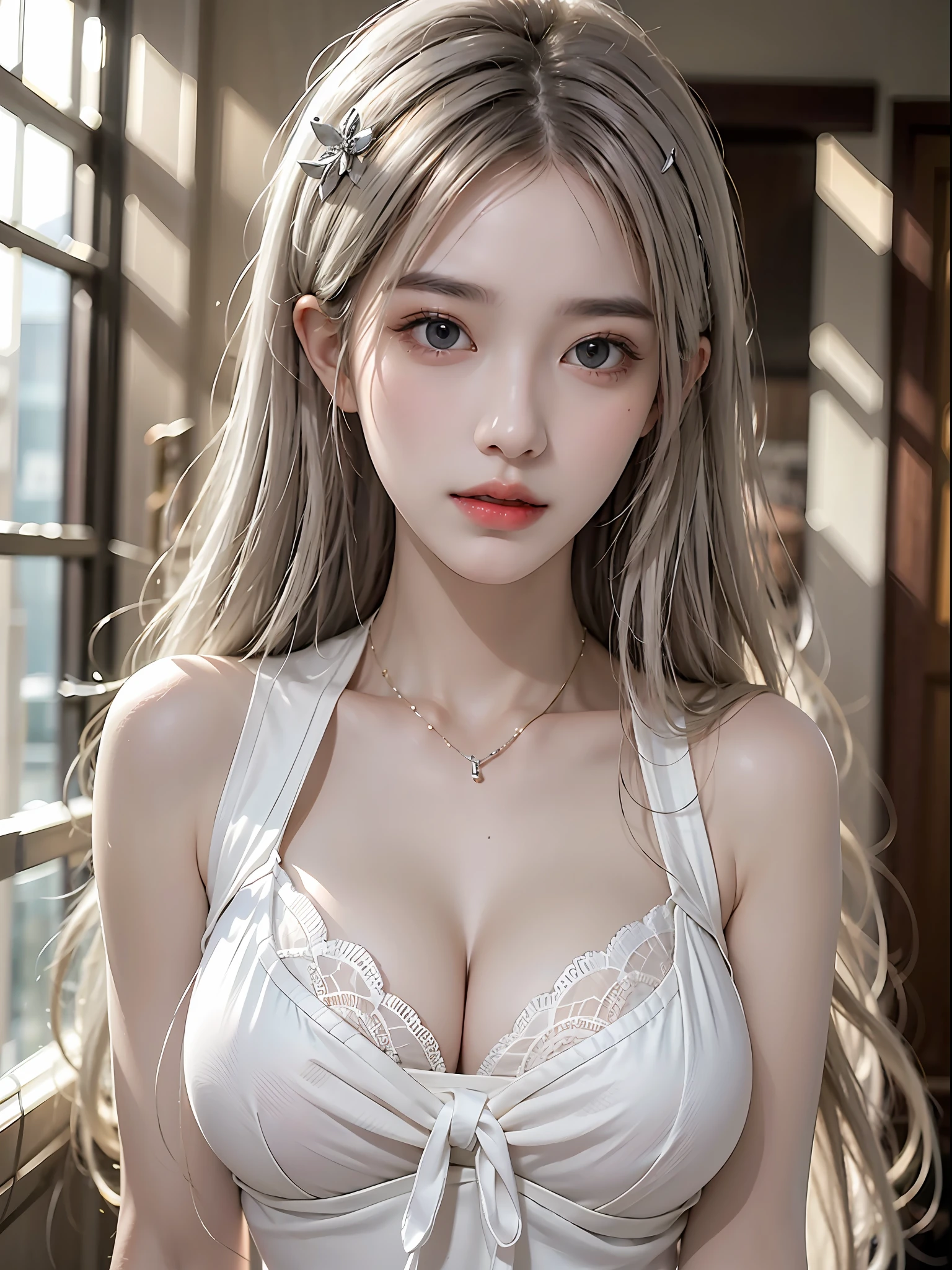 photorealistic, high resolution, 1 girl, white long hair, beautiful eyes, normal breast, lace
