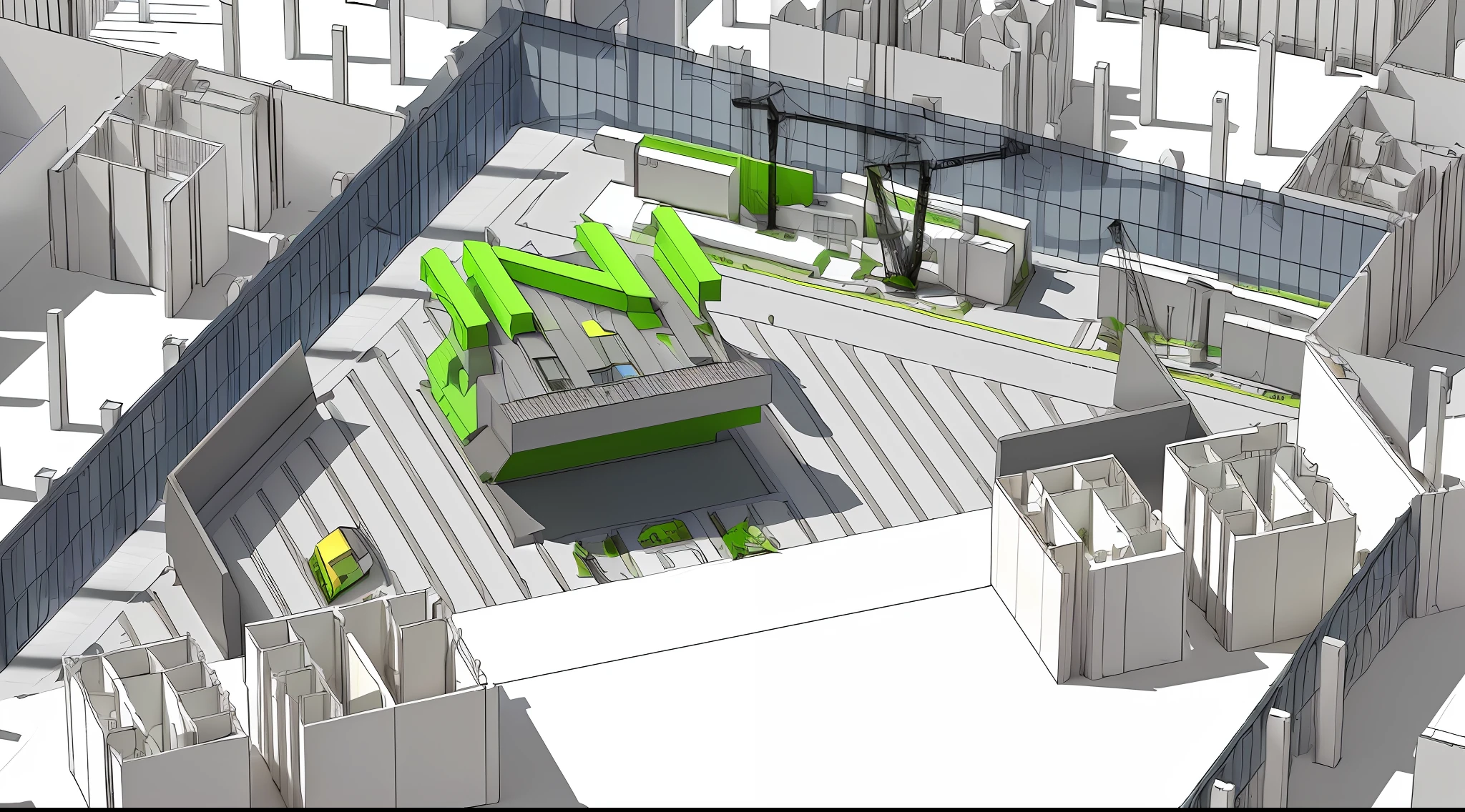 there is a 3d image of a building with a green sign, conceito, detail render, conceptual rendering, Isometric view, digital model, Detailed rendering, a digital rendering, concept image, depicted as a 3 d render, 3d rendered model, ground-breaking, photorender, 3 d rendered, D RENDERING, a digital rendering, art render, isometric perspective view