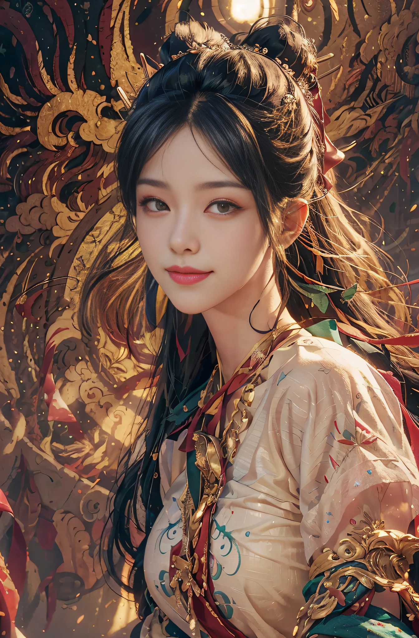 (RAW Photo, Best Quality), (Realistic, Photorealistic Photo: 1.3), Best Quality, Highly Detailed, Masterpiece, Ultra Detailed, Illustration, 1girl, upper_body, Dynamic Angle, World Mastery Theater, messy_long_hair, Best Quality, Extremely Detailed CG Unified 8k Wallpaper, Ink, Amazing, Movie Lights, lens_flare, dunhuang_style, Flyby, Edge Light, Cute Smile