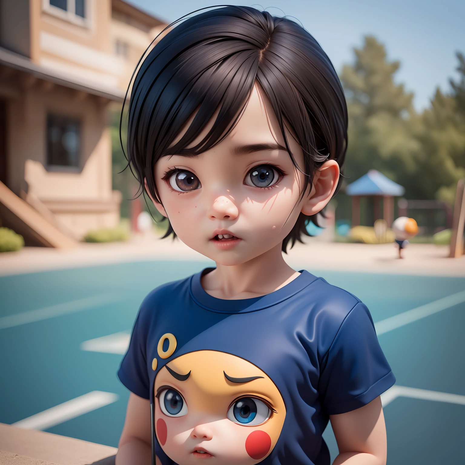 (Pixar 1.23 style) 1 Boy ((upper body front, bust shot)), solo, naughty kid, black hair, blue shirt, naughty kid, korean child, playground, ((masterpiece, highest quality)), (composite lighting)